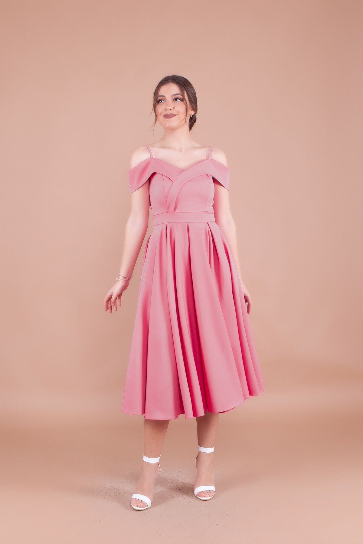 Midi Strappy Pleated Off-Shoulder Detail Evening Dress - Dusty Rose - Bidoluelbise