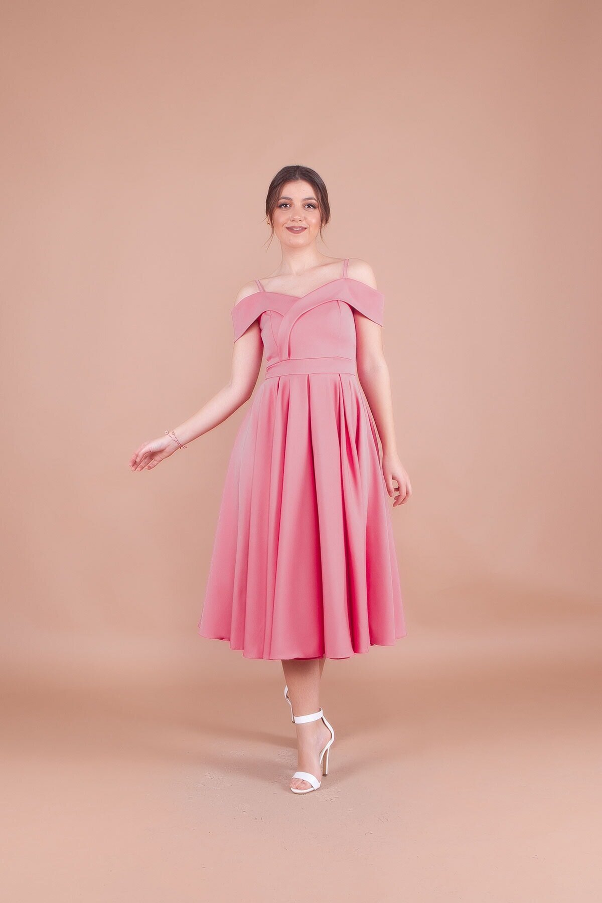 Midi Strappy Pleated Off-Shoulder Detail Evening Dress - Dusty Rose - Bidoluelbise