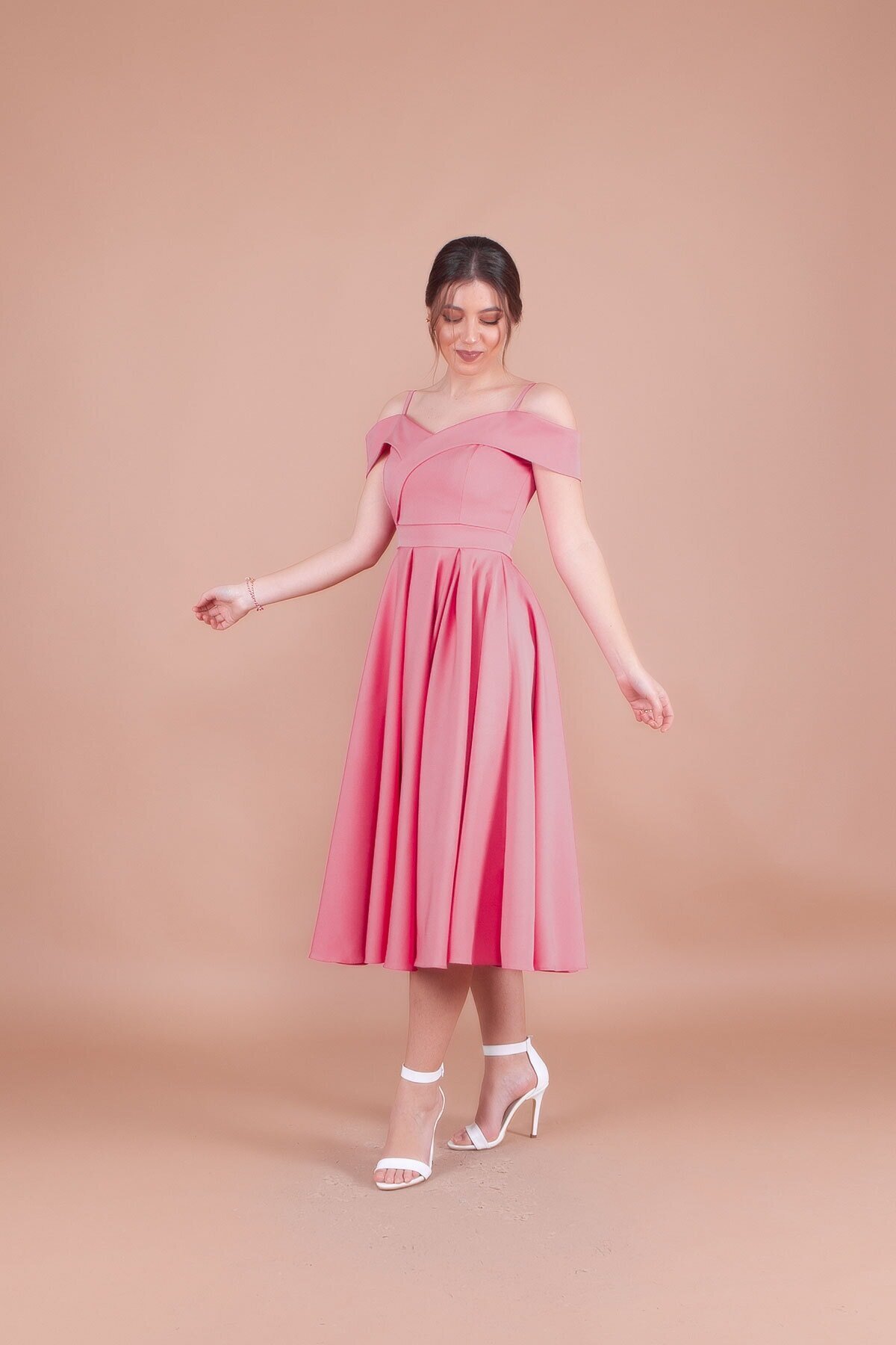 Midi Strappy Pleated Off-Shoulder Detail Evening Dress - Dusty Rose - Bidoluelbise