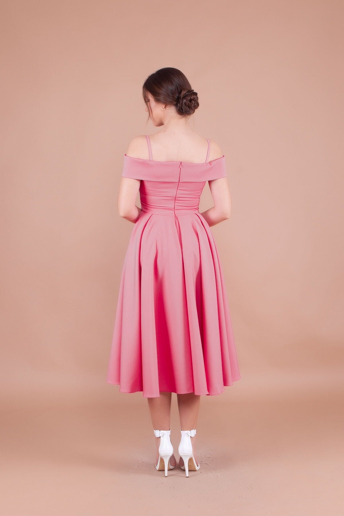 Midi Strappy Pleated Off-Shoulder Detail Evening Dress - Dusty Rose - Bidoluelbise
