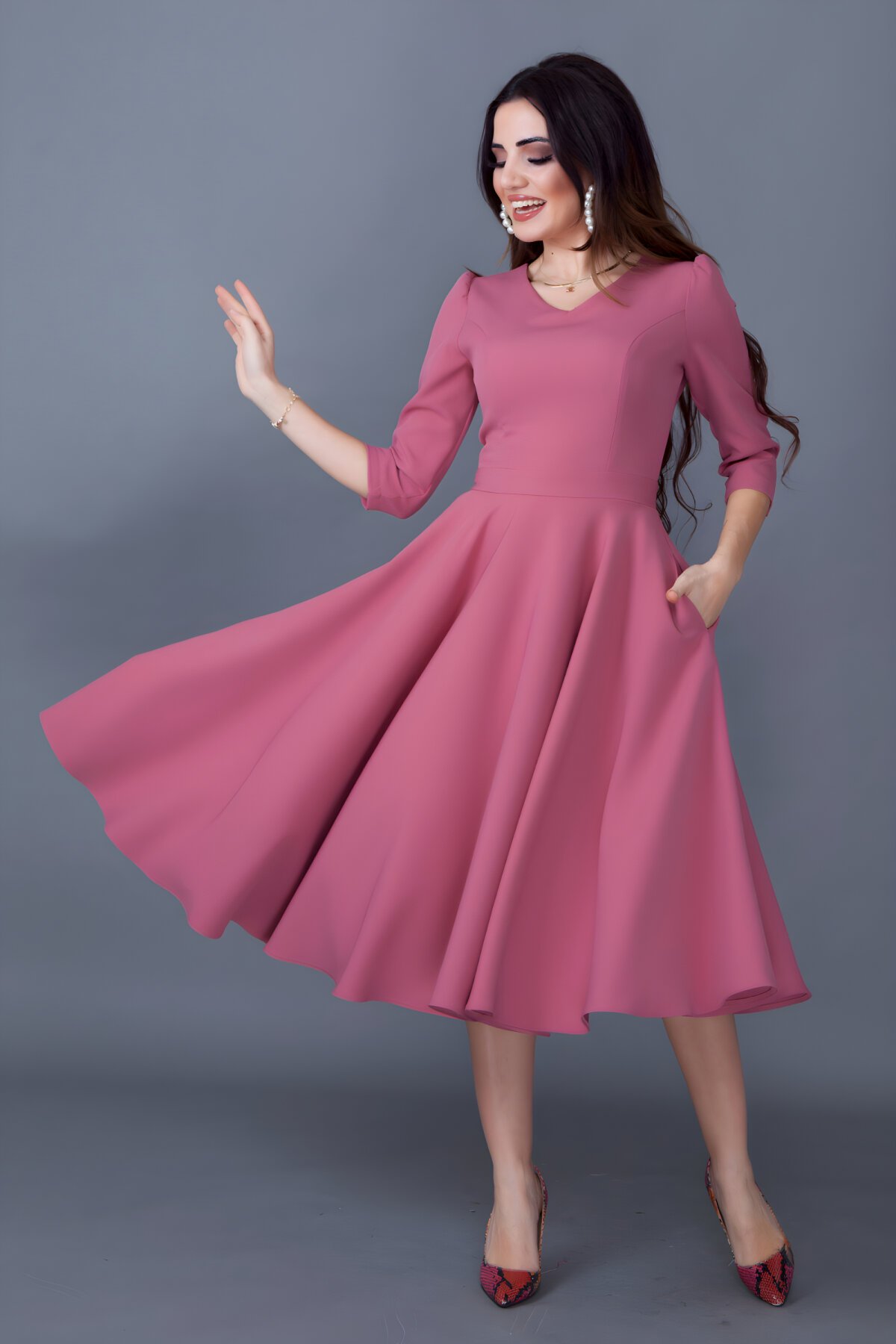 Midi Flared V-Neck Pocket Detailed Dress - Dusty Rose - Bidoluelbise