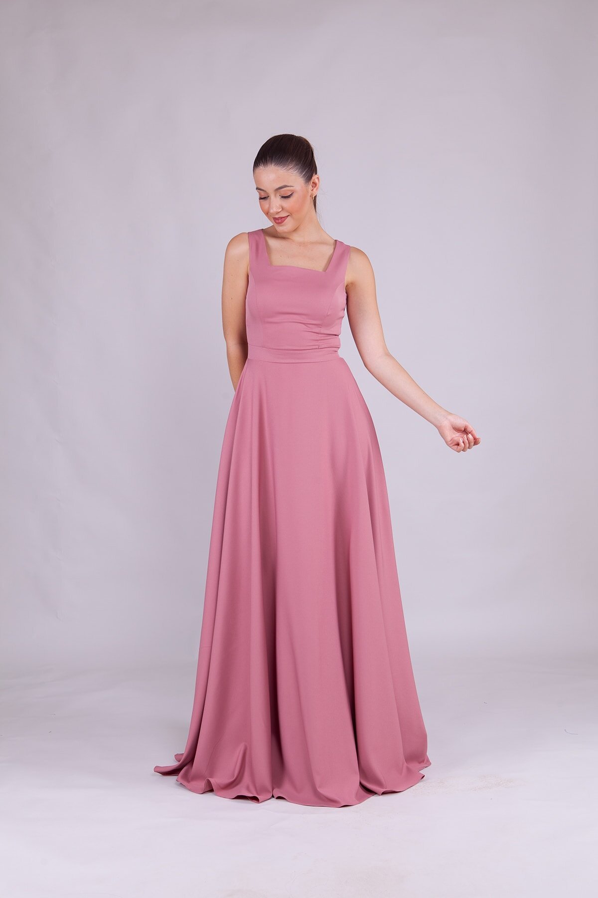 Long Square Neck Evening Dress - Dusty Rose - Bidoluelbise