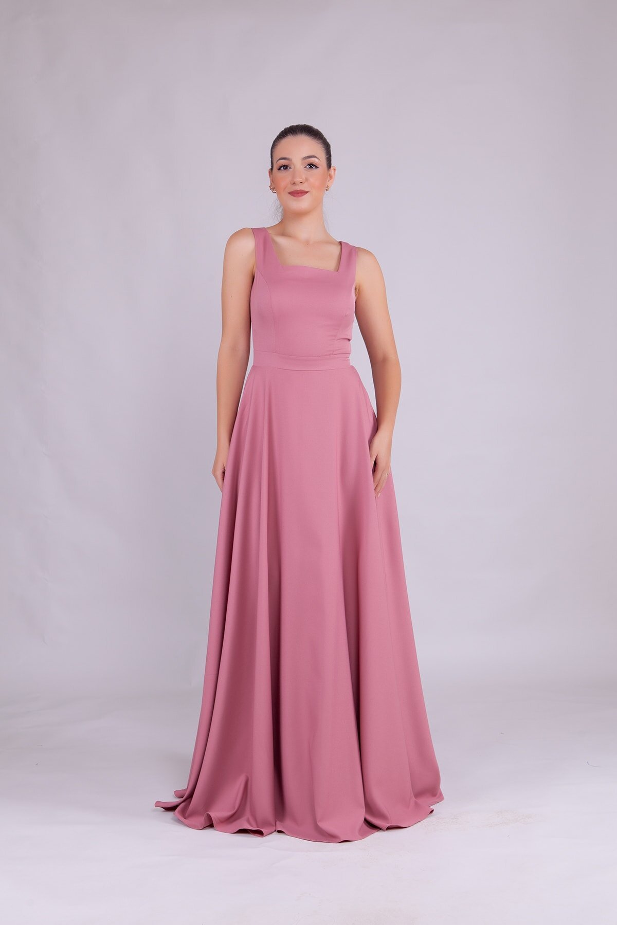 Long Square Neck Evening Dress - Dusty Rose - Bidoluelbise