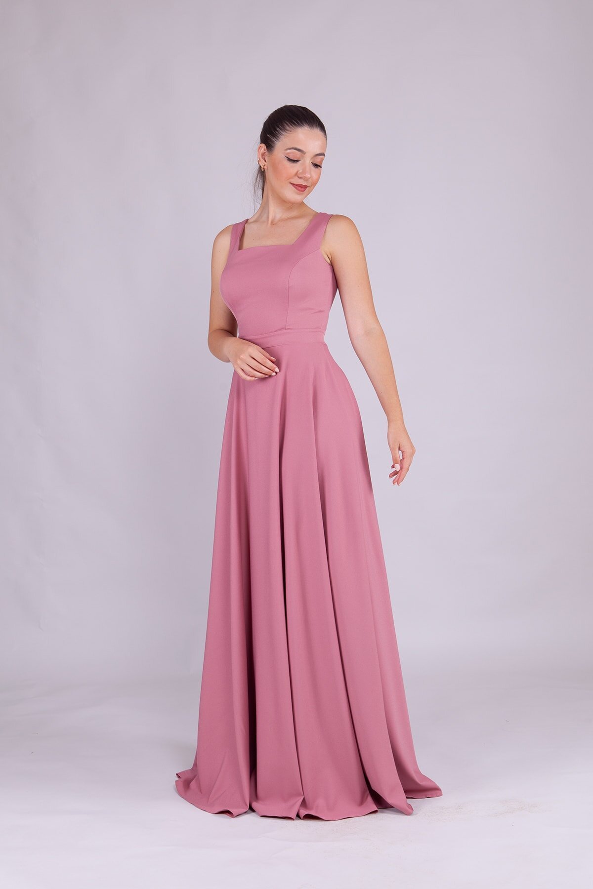 Long Square Neck Evening Dress - Dusty Rose - Bidoluelbise