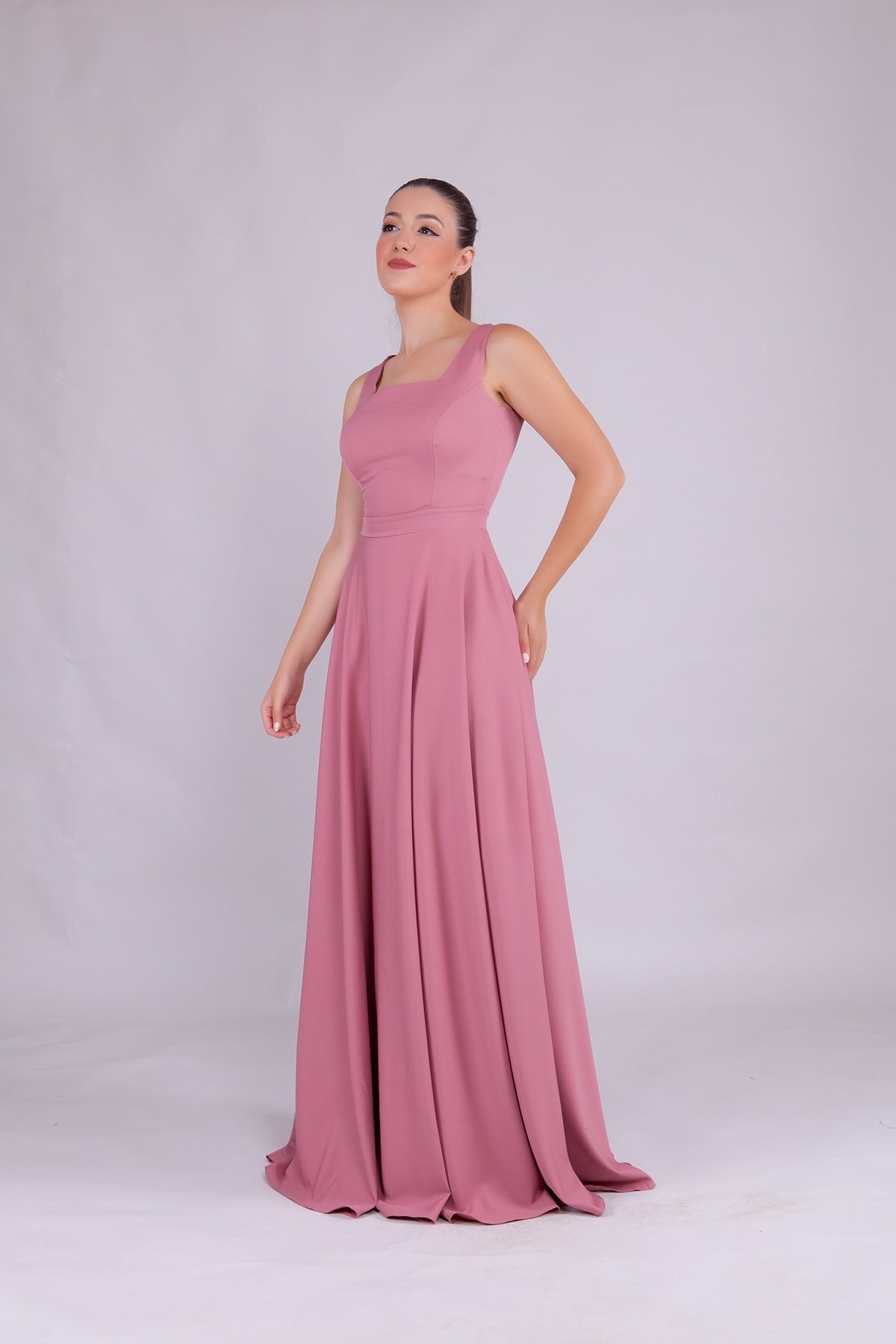 Long Square Neck Evening Dress - Dusty Rose - Bidoluelbise