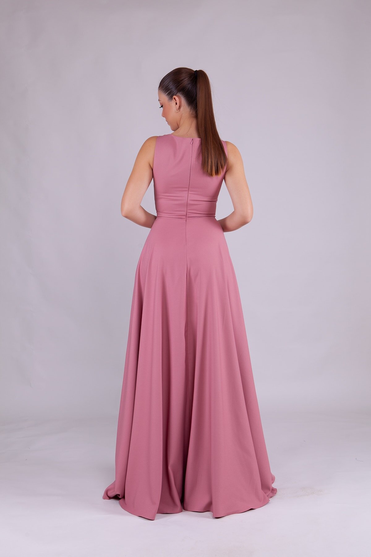 Long Square Neck Evening Dress - Dusty Rose - Bidoluelbise