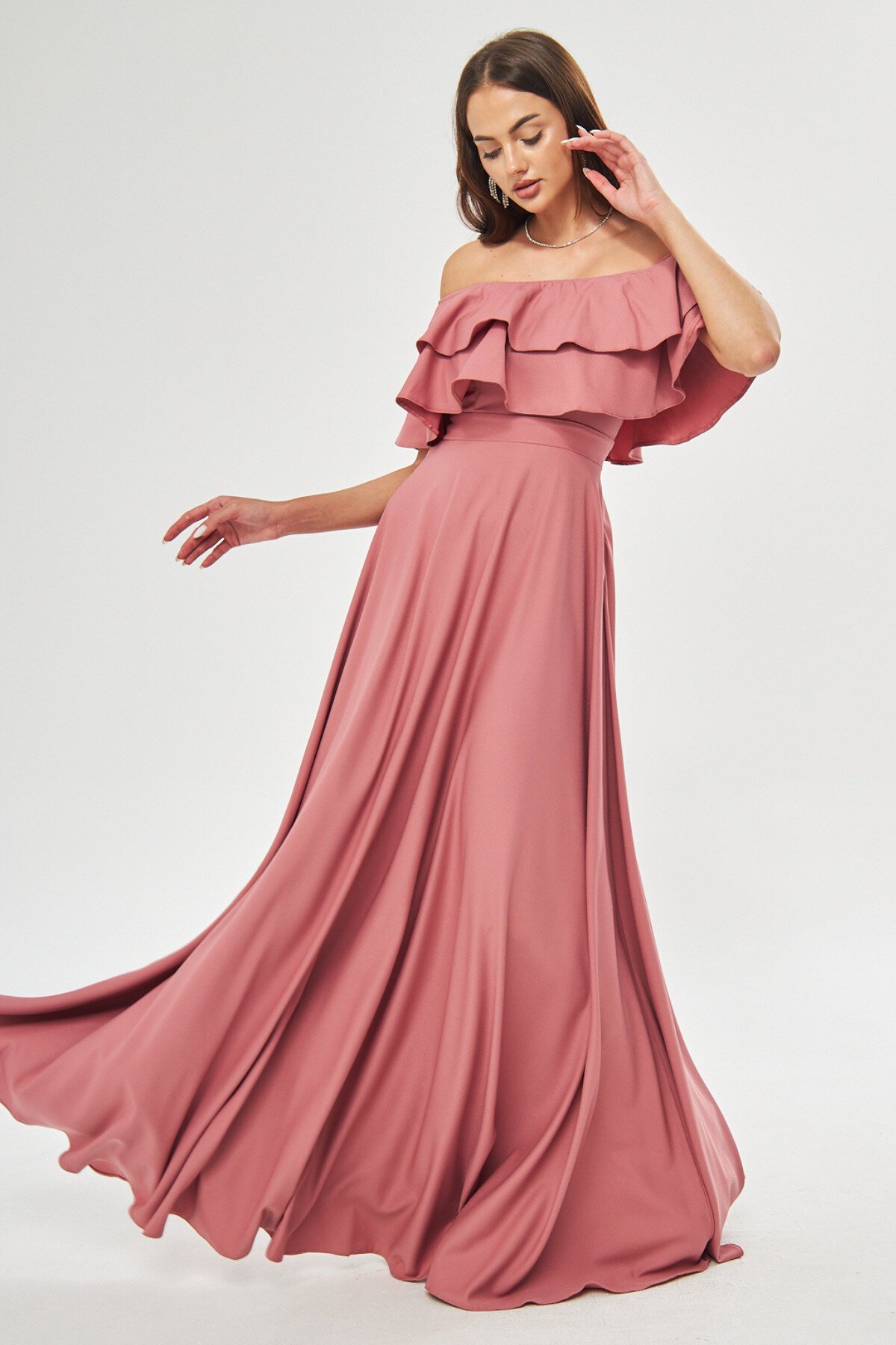 Long Flared Off-the-Shoulder Double Ruffle Evening Dress - Dusty Rose - Bidoluelbise