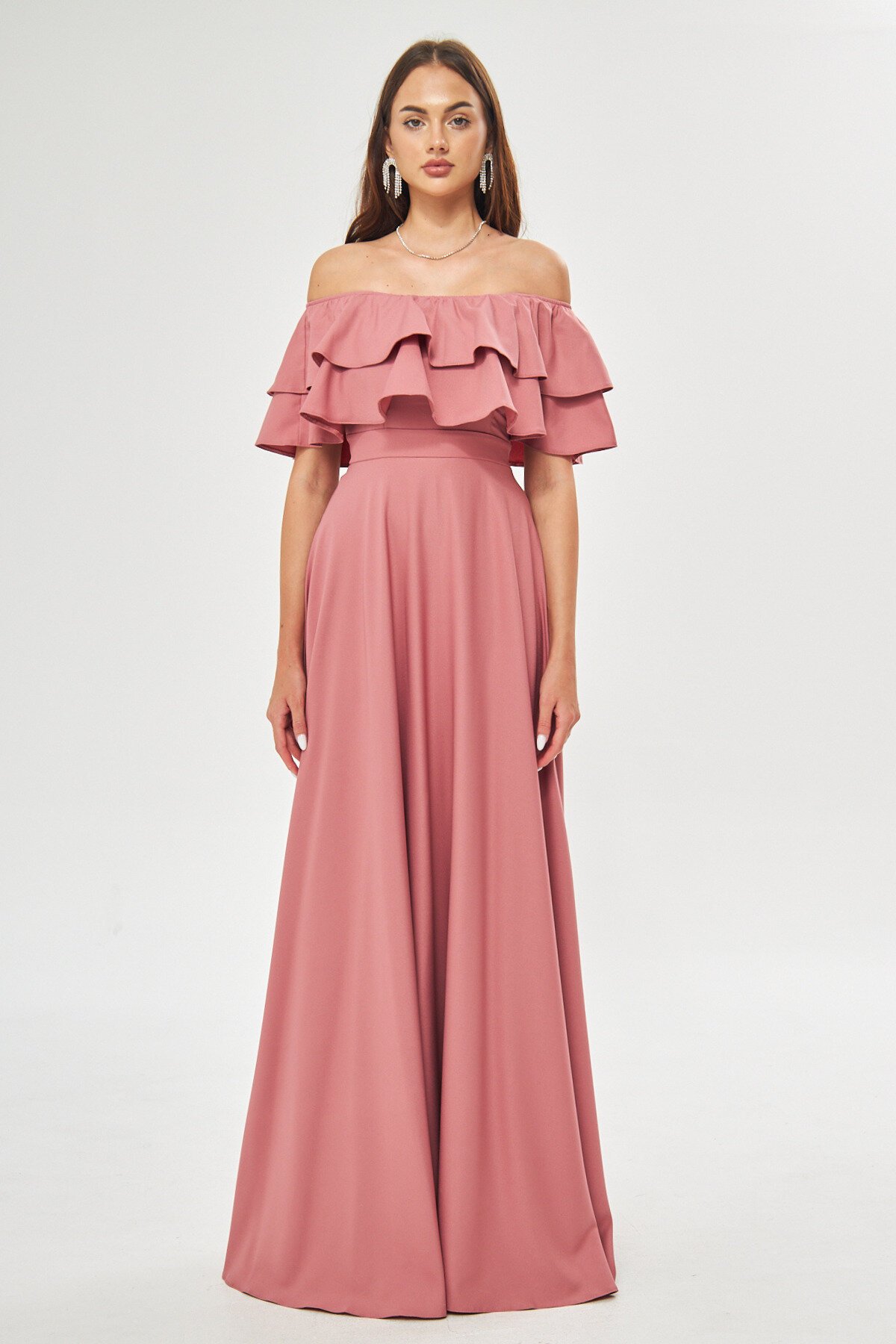Long Flared Off-the-Shoulder Double Ruffle Evening Dress - Dusty Rose - Bidoluelbise