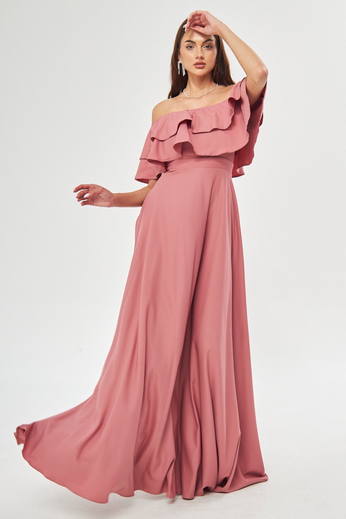 Long Flared Off-the-Shoulder Double Ruffle Evening Dress - Dusty Rose - Bidoluelbise