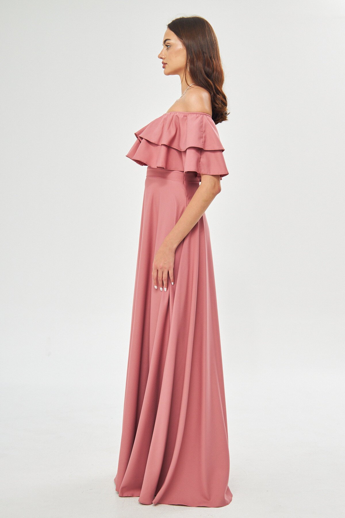 Long Flared Off-the-Shoulder Double Ruffle Evening Dress - Dusty Rose - Bidoluelbise