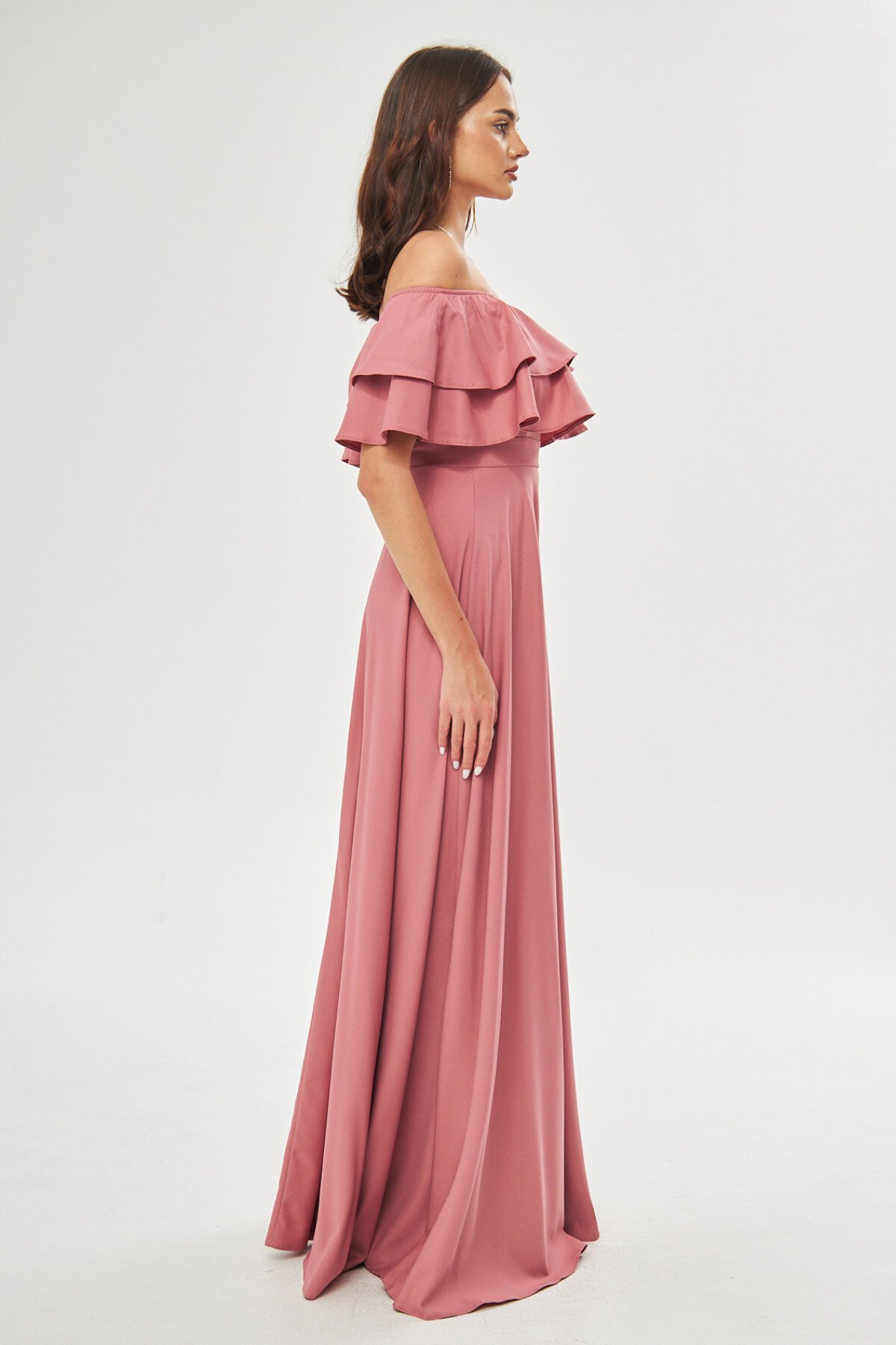 Long Flared Off-the-Shoulder Double Ruffle Evening Dress - Dusty Rose - Bidoluelbise