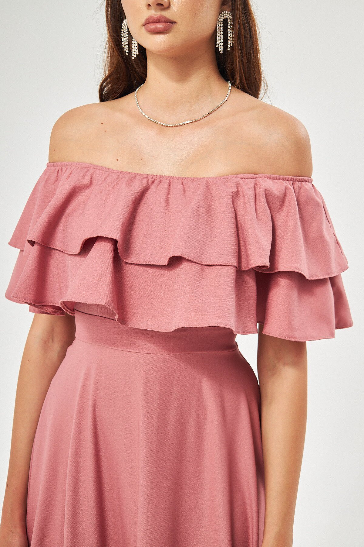 Long Flared Off-the-Shoulder Double Ruffle Evening Dress - Dusty Rose - Bidoluelbise
