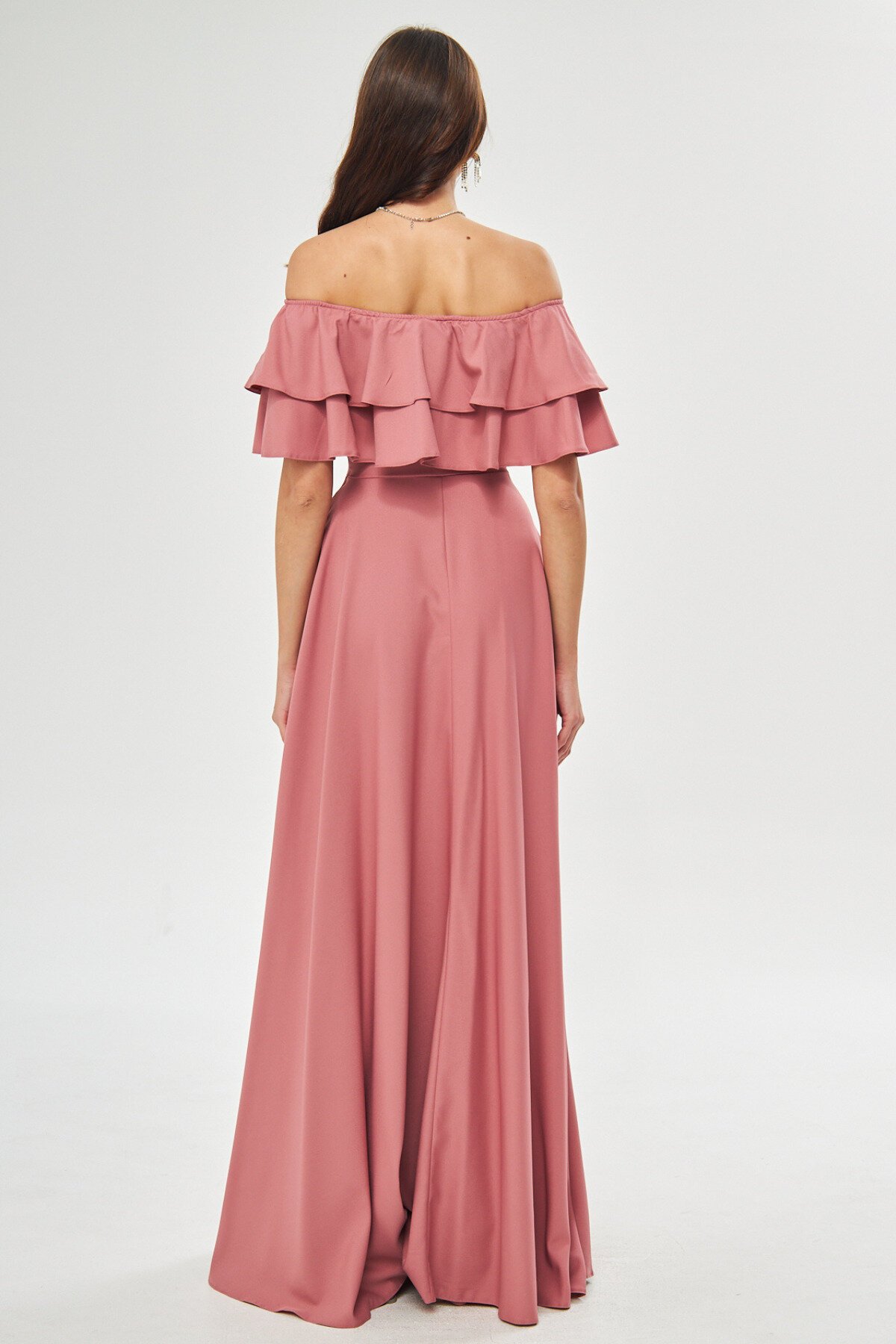 Long Flared Off-the-Shoulder Double Ruffle Evening Dress - Dusty Rose - Bidoluelbise