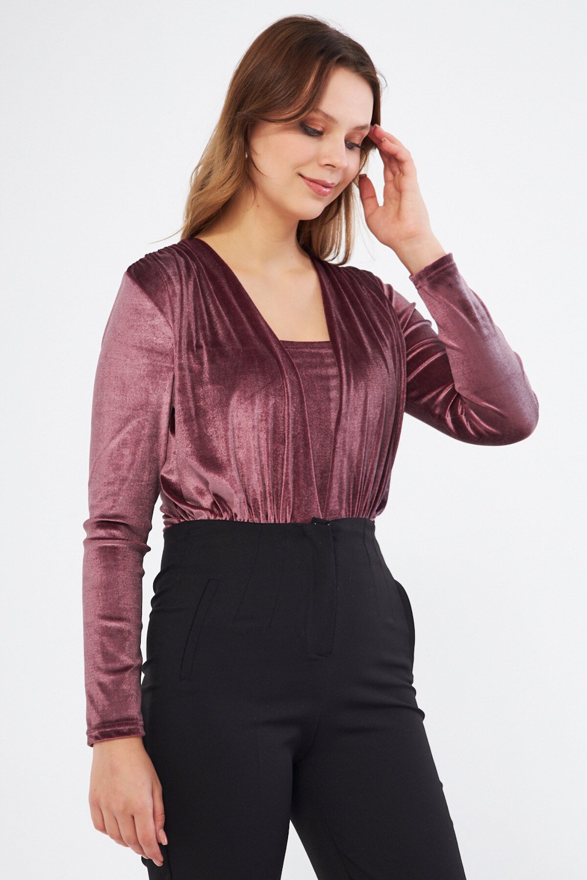 Long Sleeve Velvet Shirring Detail Bodysuit - Dusty Rose - Bidoluelbise