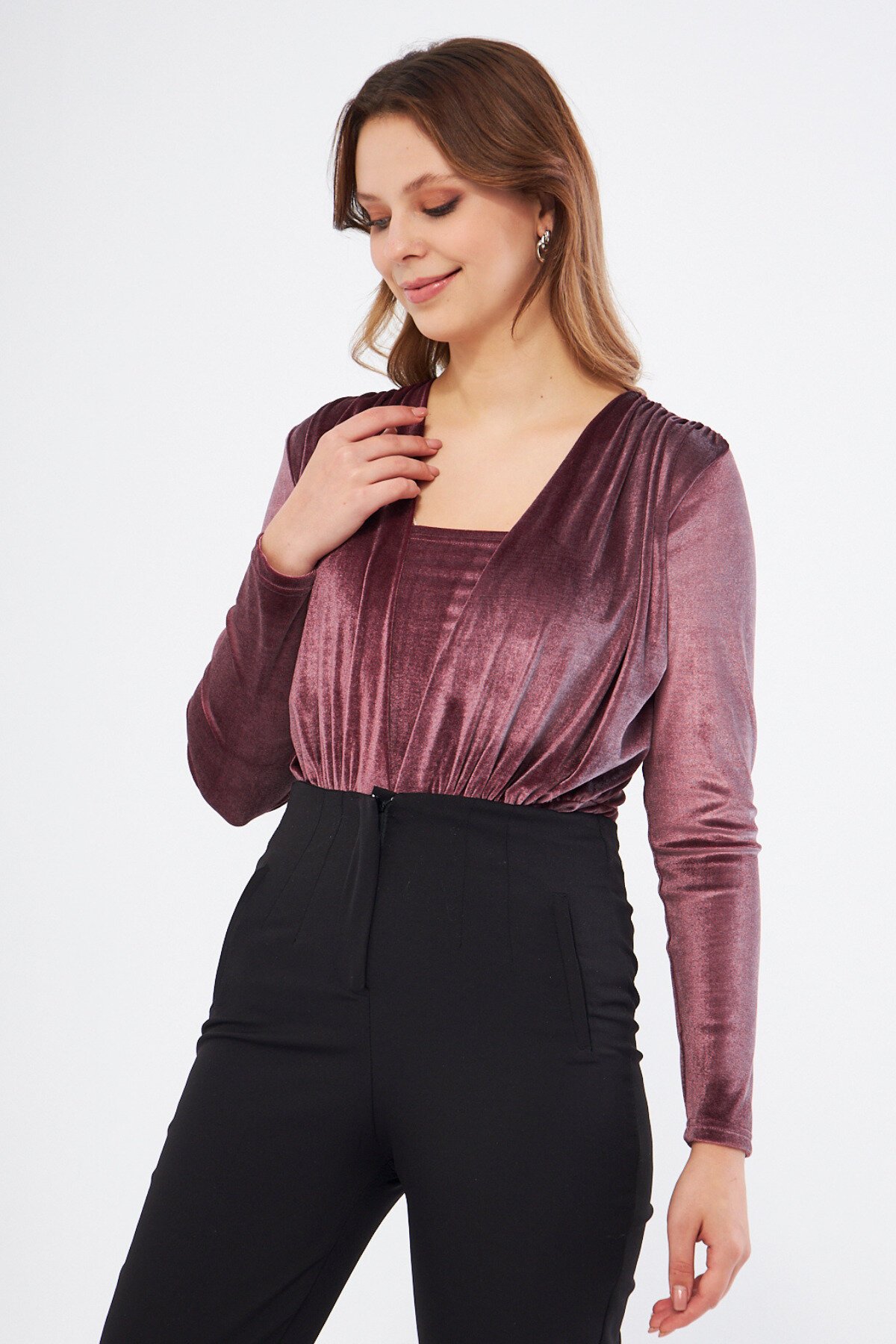 Long Sleeve Velvet Shirring Detail Bodysuit - Dusty Rose - Bidoluelbise
