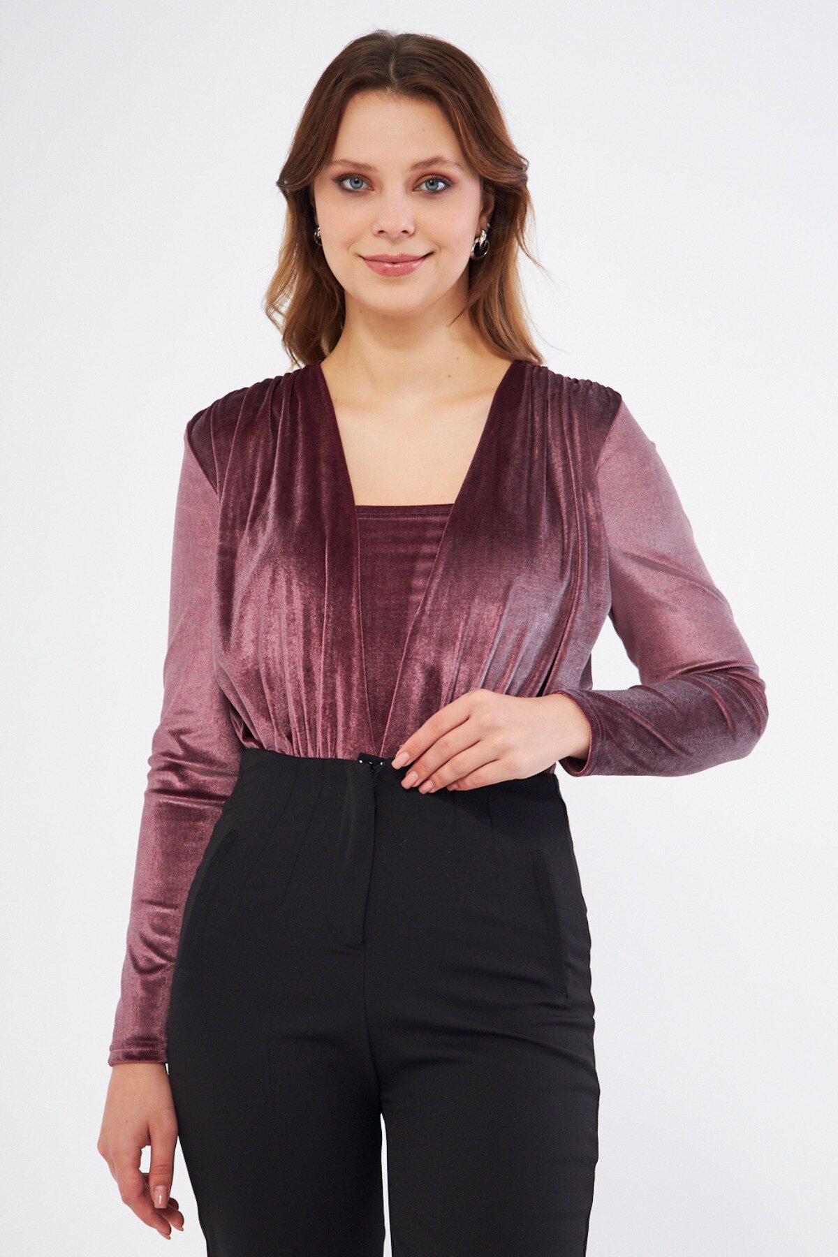 Long Sleeve Velvet Shirring Detail Bodysuit - Dusty Rose - Bidoluelbise