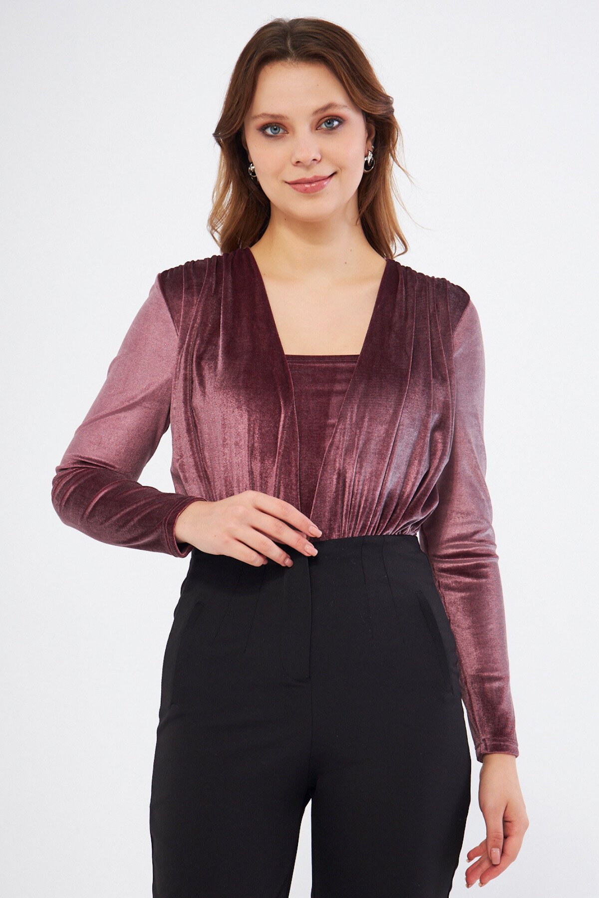 Long Sleeve Velvet Shirring Detail Bodysuit - Dusty Rose - Bidoluelbise