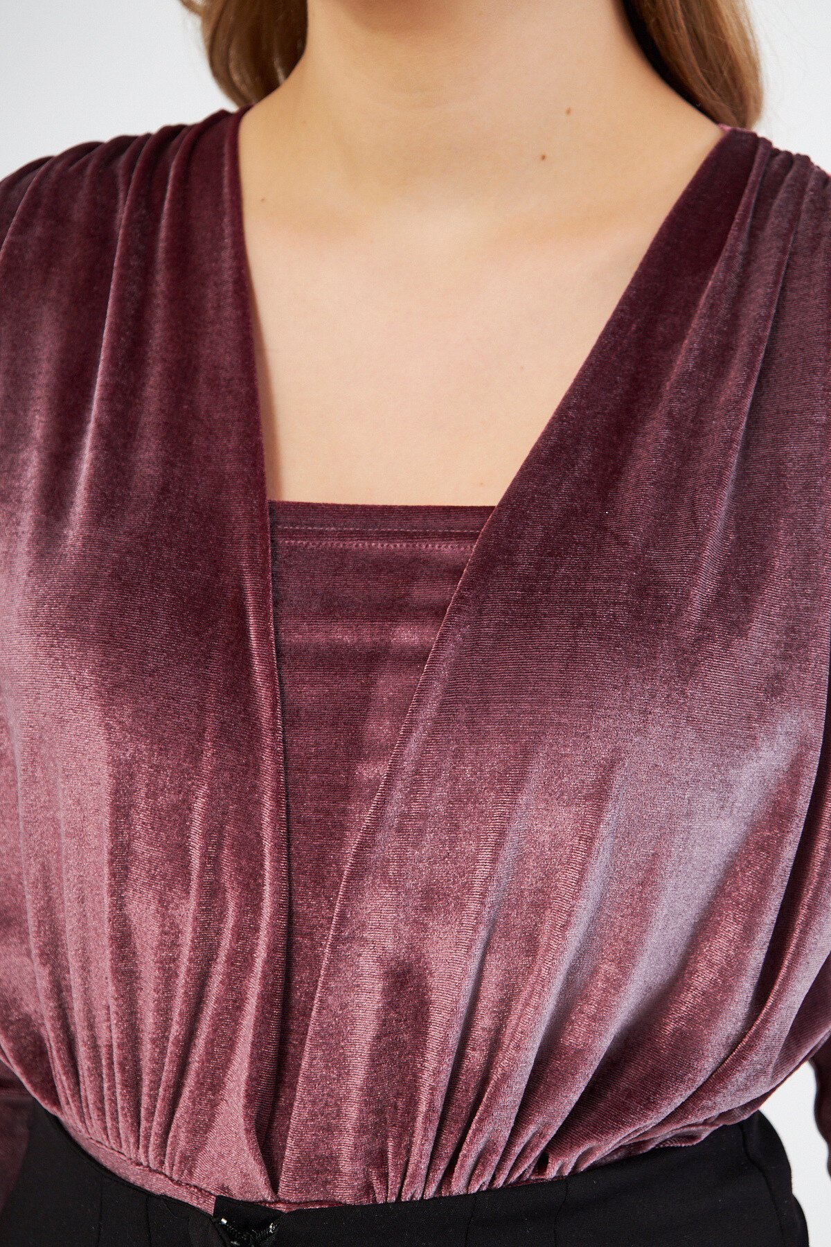 Long Sleeve Velvet Shirring Detail Bodysuit - Dusty Rose - Bidoluelbise