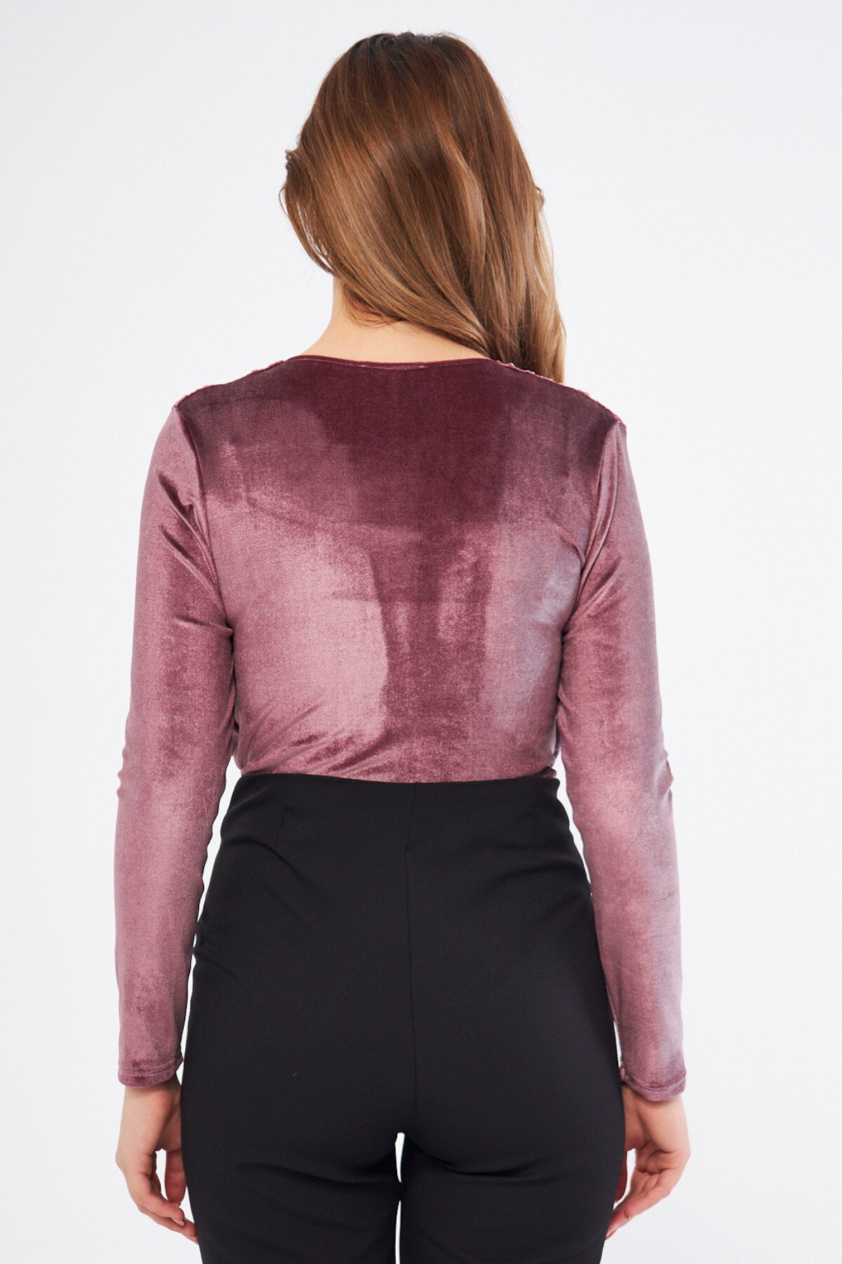 Long Sleeve Velvet Shirring Detail Bodysuit - Dusty Rose - Bidoluelbise