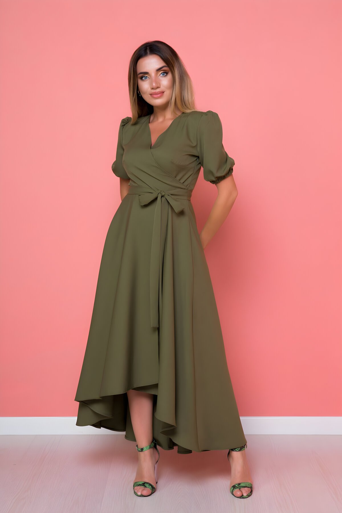 High-Low Asymmetrical Cut Wrap Neck Dress - Khaki - Bidoluelbise