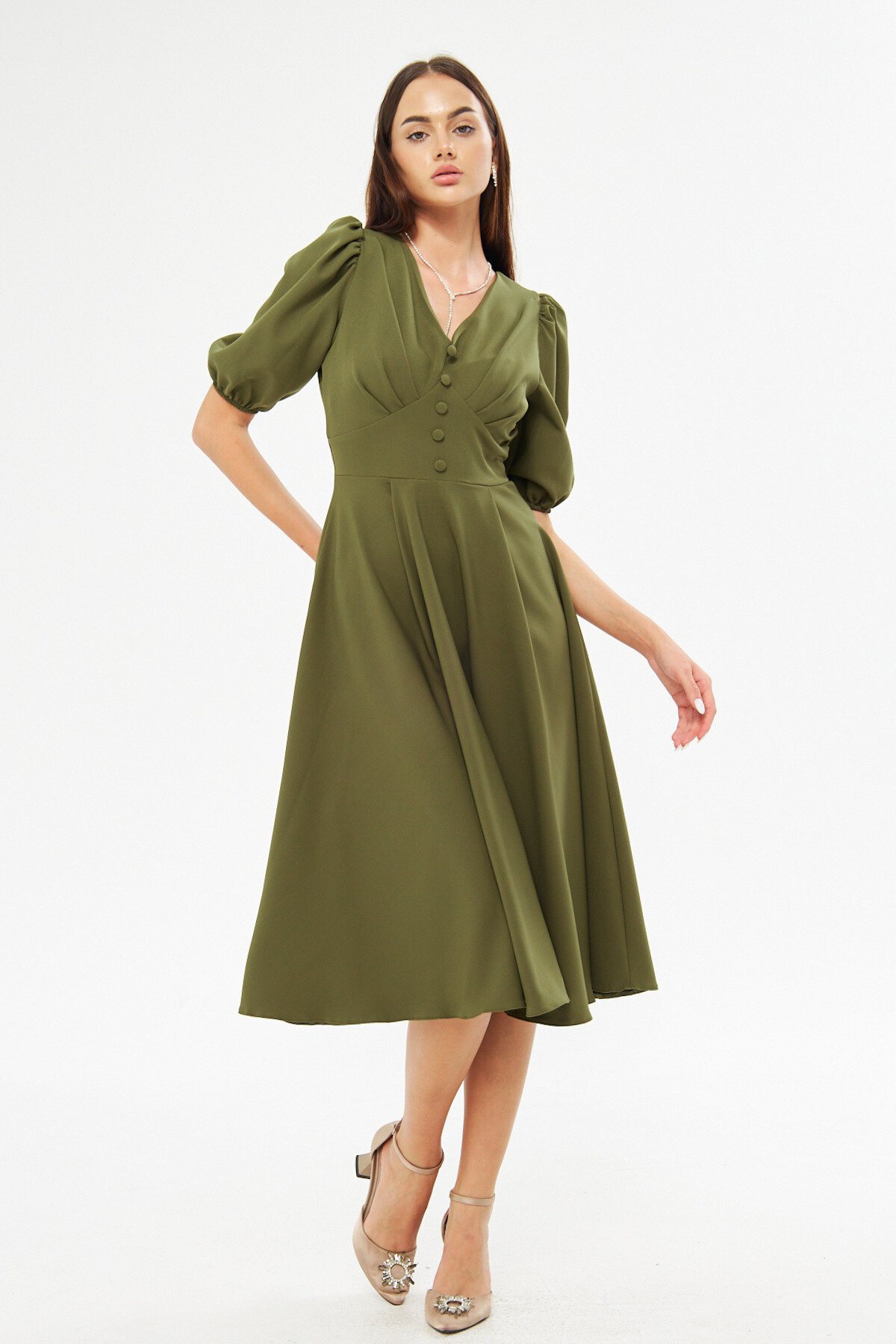 Midi Balloon Sleeve V-Neck Corset Belt Detail Evening Dress - Khaki - Bidoluelbise