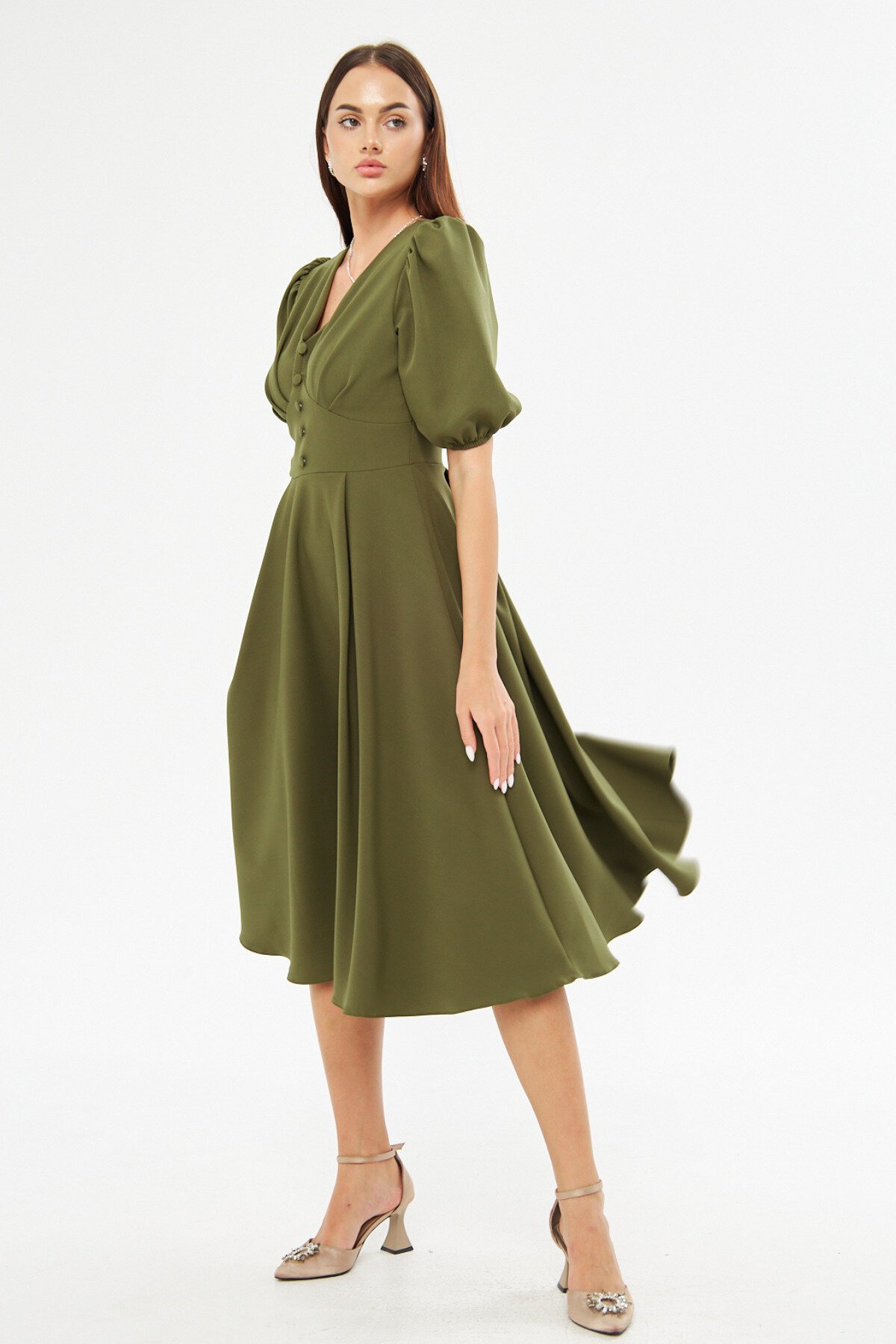 Midi Balloon Sleeve V-Neck Corset Belt Detail Evening Dress - Khaki - Bidoluelbise