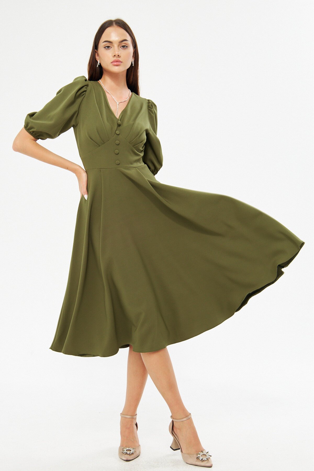 Midi Balloon Sleeve V-Neck Corset Belt Detail Evening Dress - Khaki - Bidoluelbise