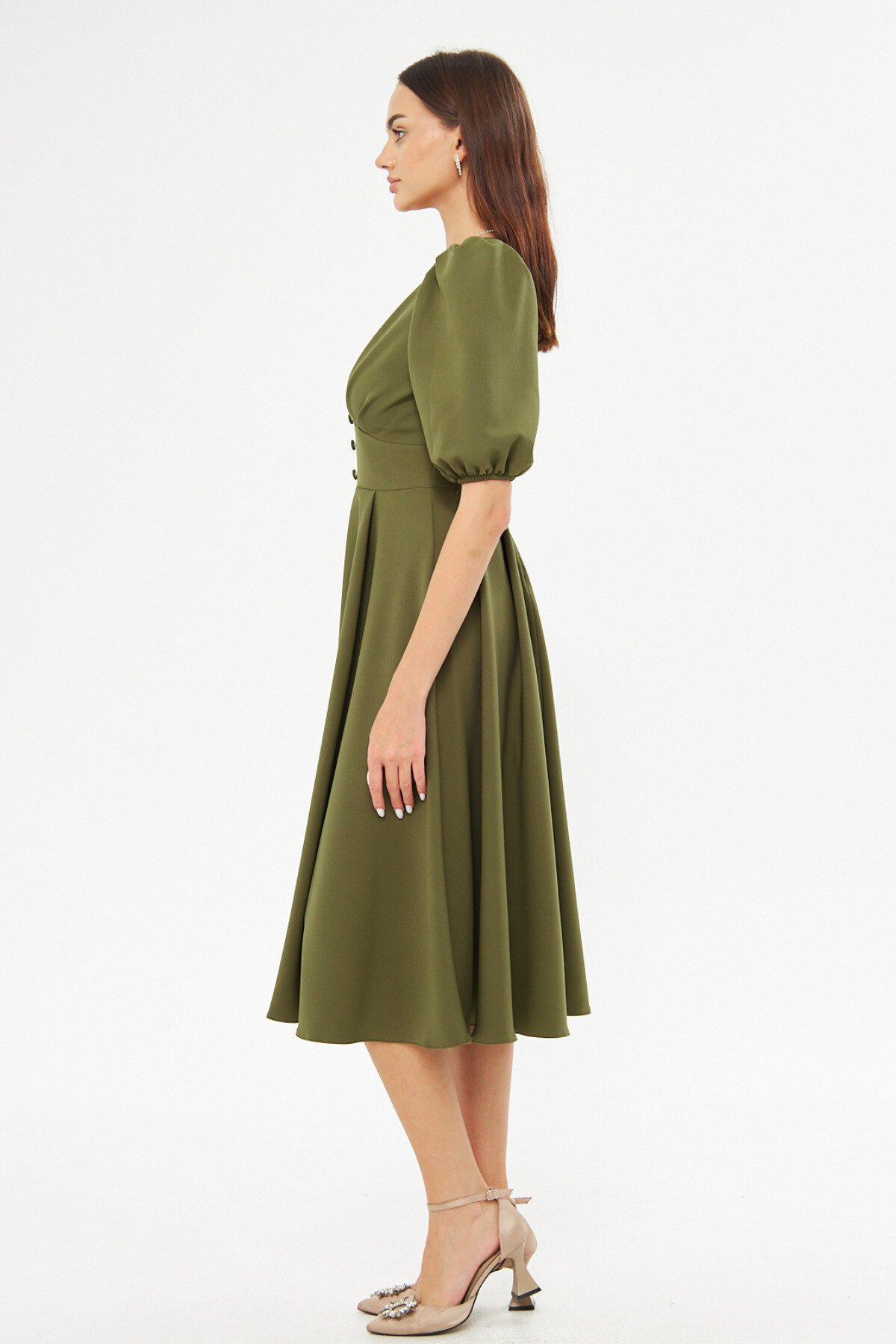 Midi Balloon Sleeve V-Neck Corset Belt Detail Evening Dress - Khaki - Bidoluelbise
