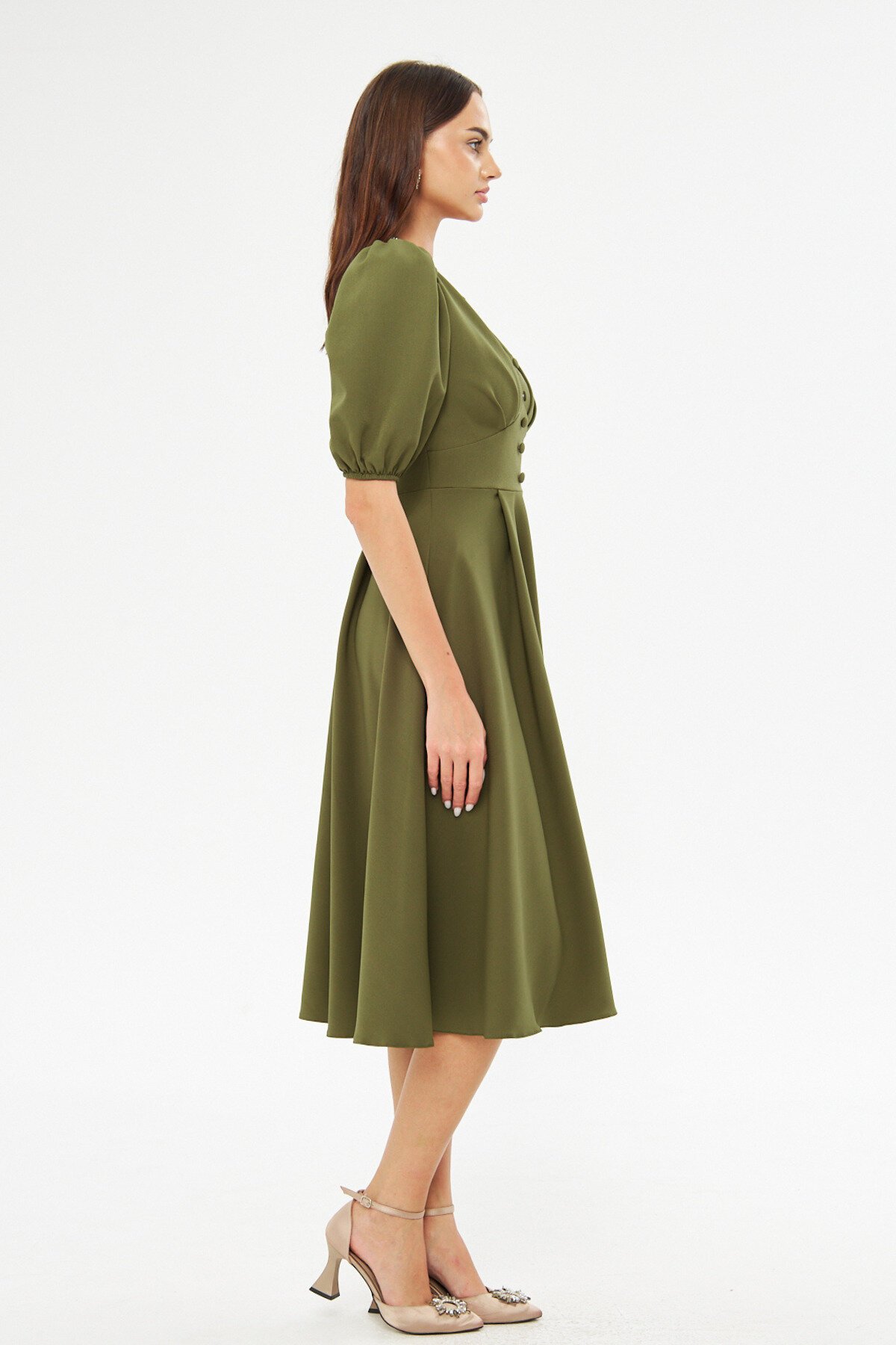 Midi Balloon Sleeve V-Neck Corset Belt Detail Evening Dress - Khaki - Bidoluelbise