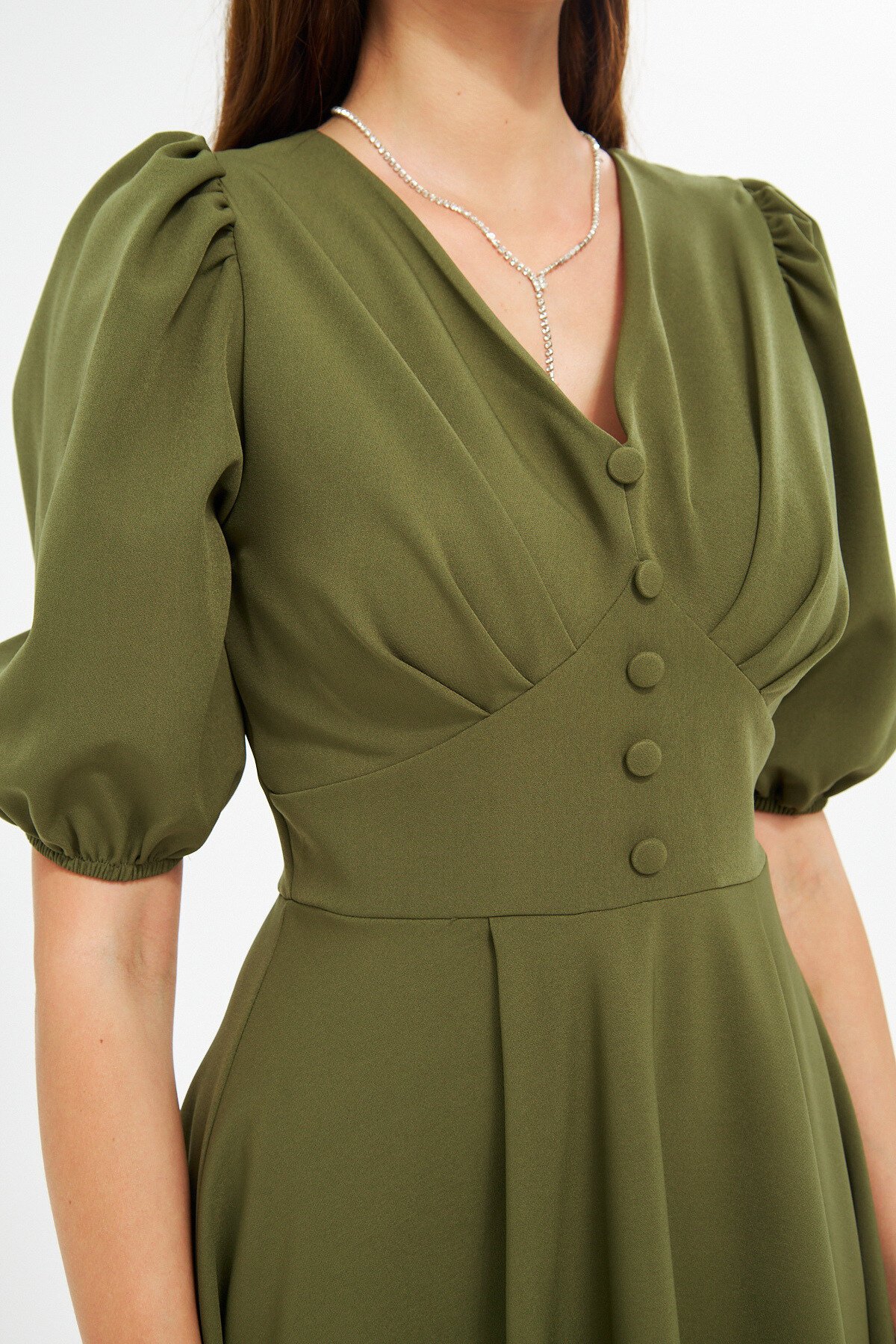 Midi Balloon Sleeve V-Neck Corset Belt Detail Evening Dress - Khaki - Bidoluelbise
