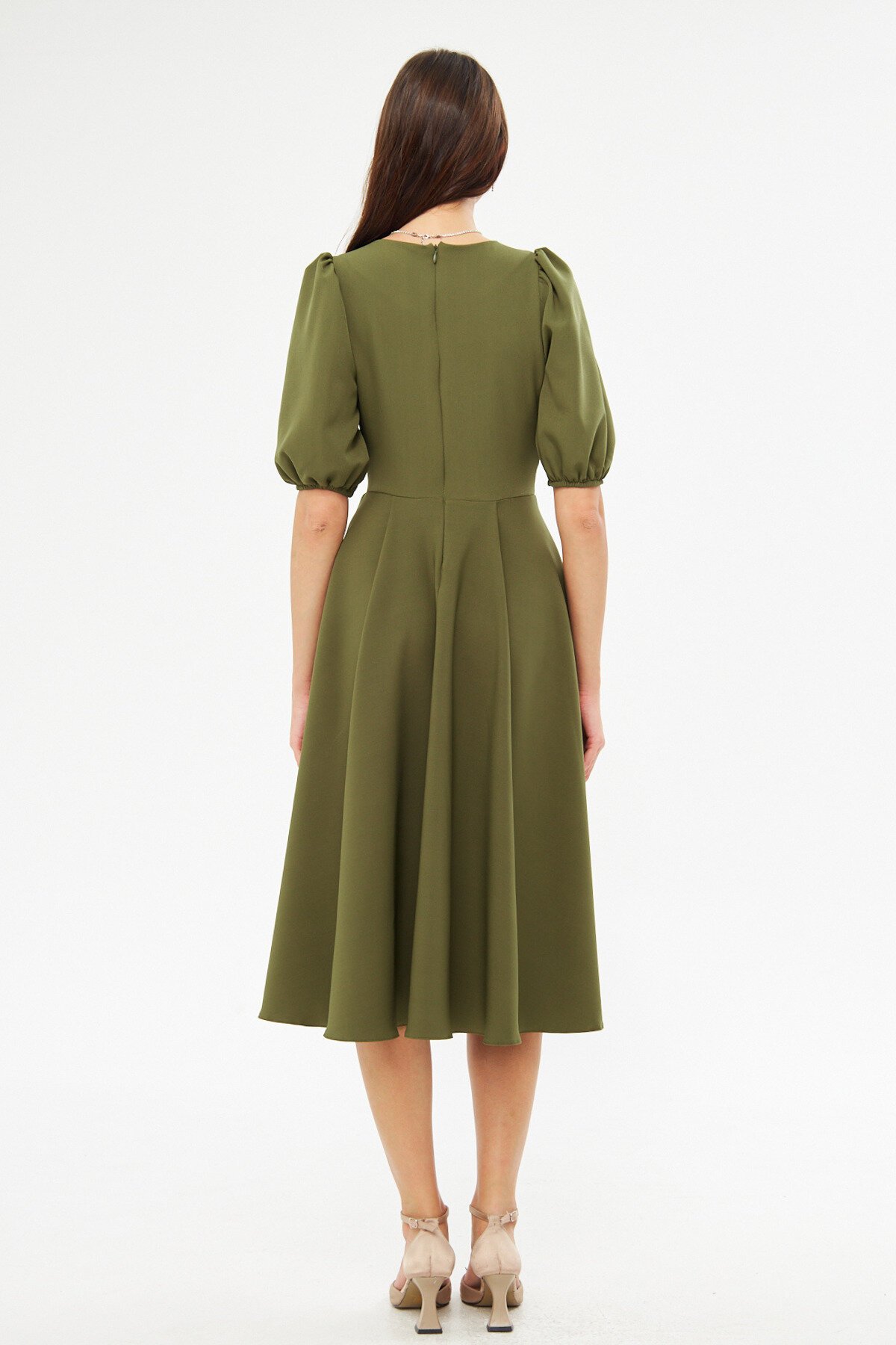 Midi Balloon Sleeve V-Neck Corset Belt Detail Evening Dress - Khaki - Bidoluelbise