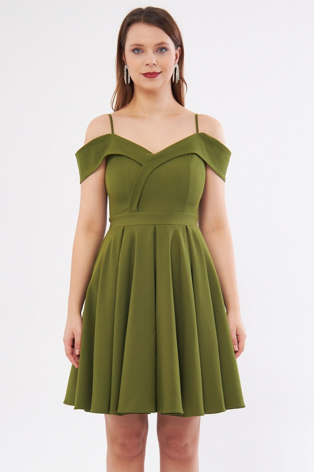 Mini Flared Pleated Strappy Boat Neck Evening Dress - Khaki - Bidoluelbise