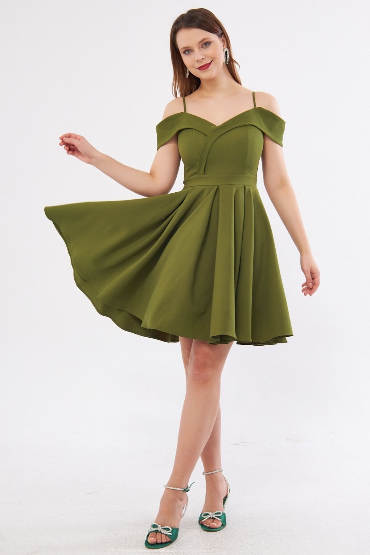 Mini Flared Pleated Strappy Boat Neck Evening Dress - Khaki - Bidoluelbise