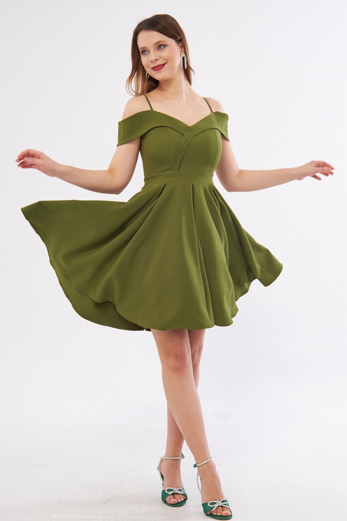 Mini Flared Pleated Strappy Boat Neck Evening Dress - Khaki - Bidoluelbise