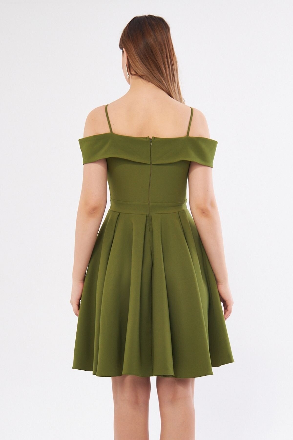 Mini Flared Pleated Strappy Boat Neck Evening Dress - Khaki - Bidoluelbise
