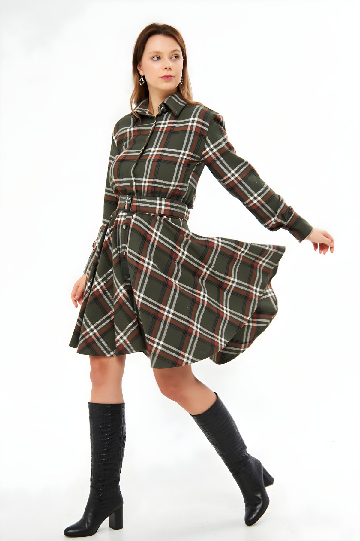 Mini Flannel Belted Shirt Dress - Khaki - Bidoluelbise