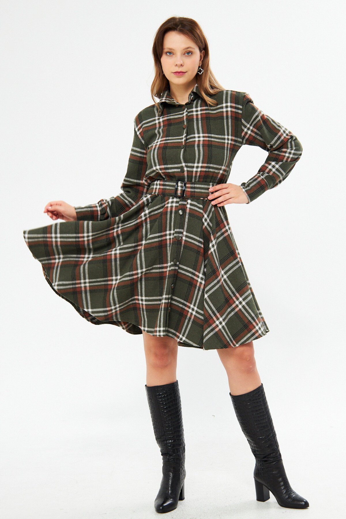 Mini Flannel Belted Shirt Dress - Khaki - Bidoluelbise