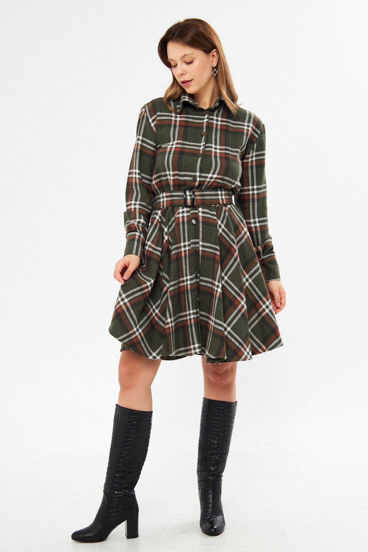 Mini Flannel Belted Shirt Dress - Khaki - Bidoluelbise