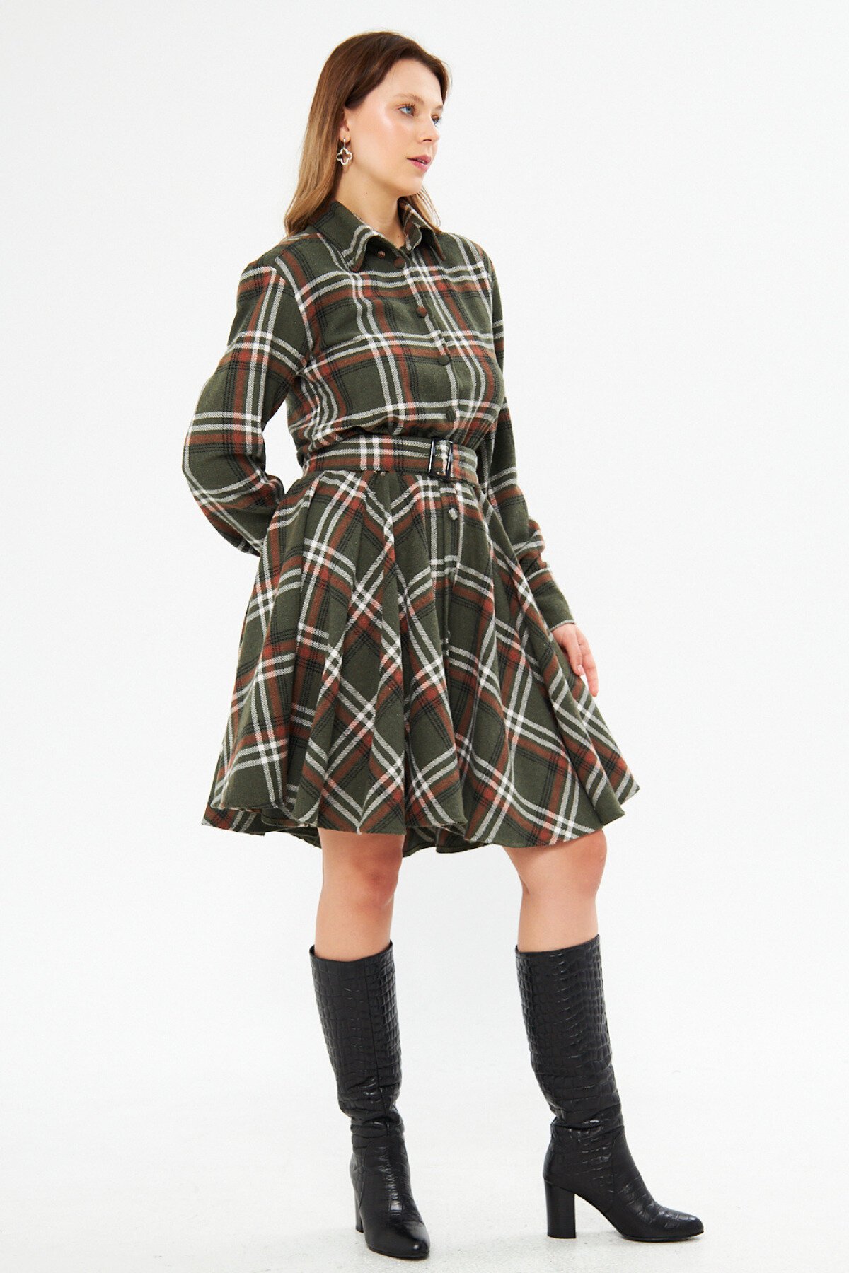 Mini Flannel Belted Shirt Dress - Khaki - Bidoluelbise