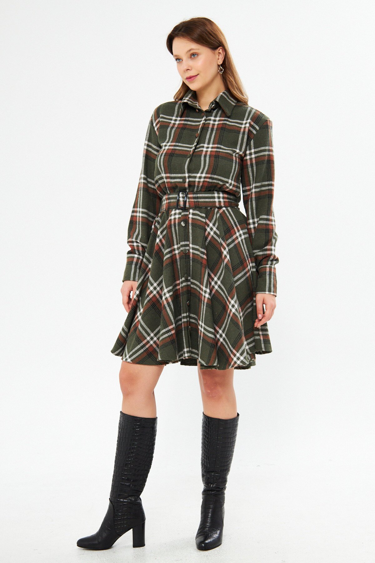 Mini Flannel Belted Shirt Dress - Khaki - Bidoluelbise