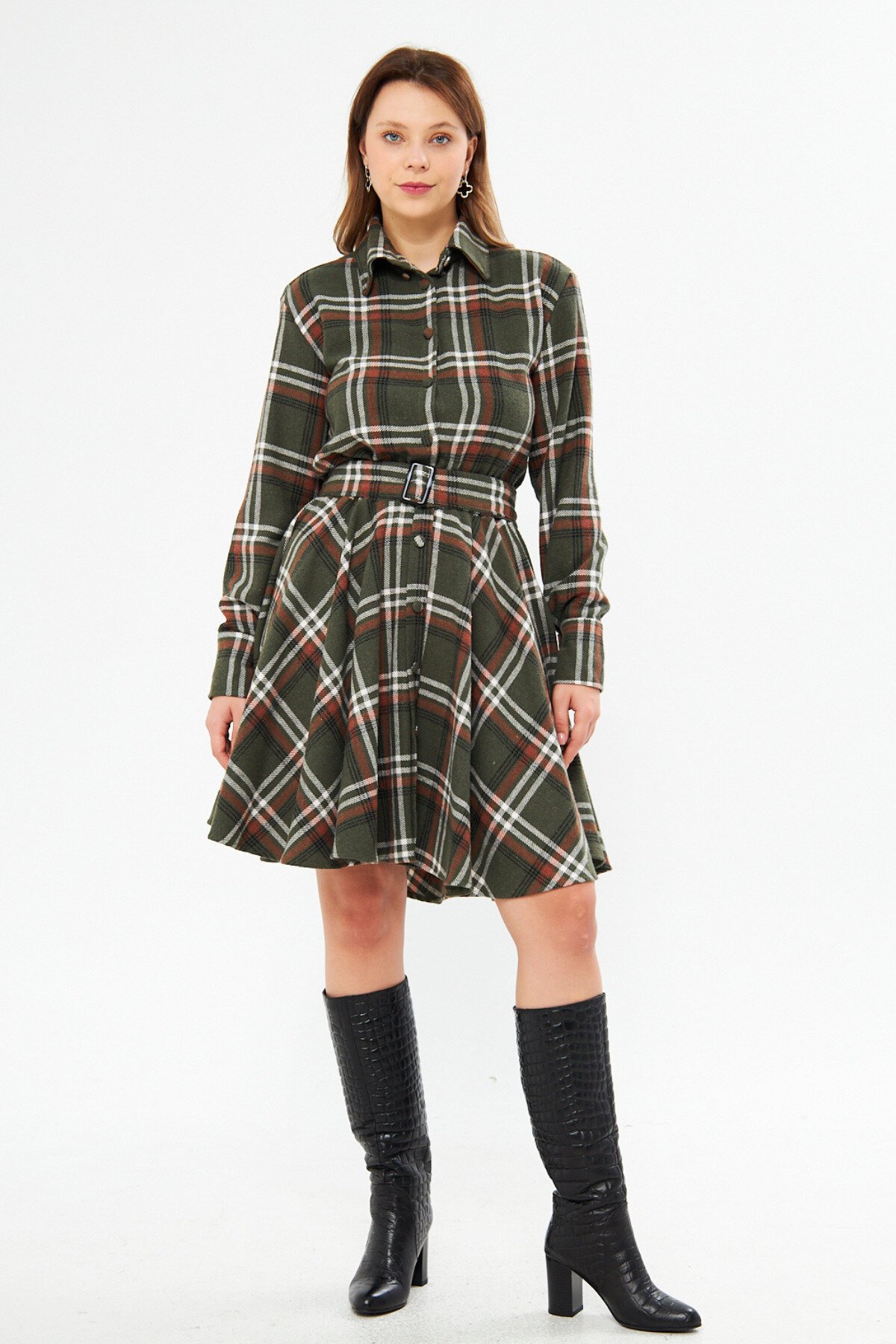 Mini Flannel Belted Shirt Dress - Khaki - Bidoluelbise