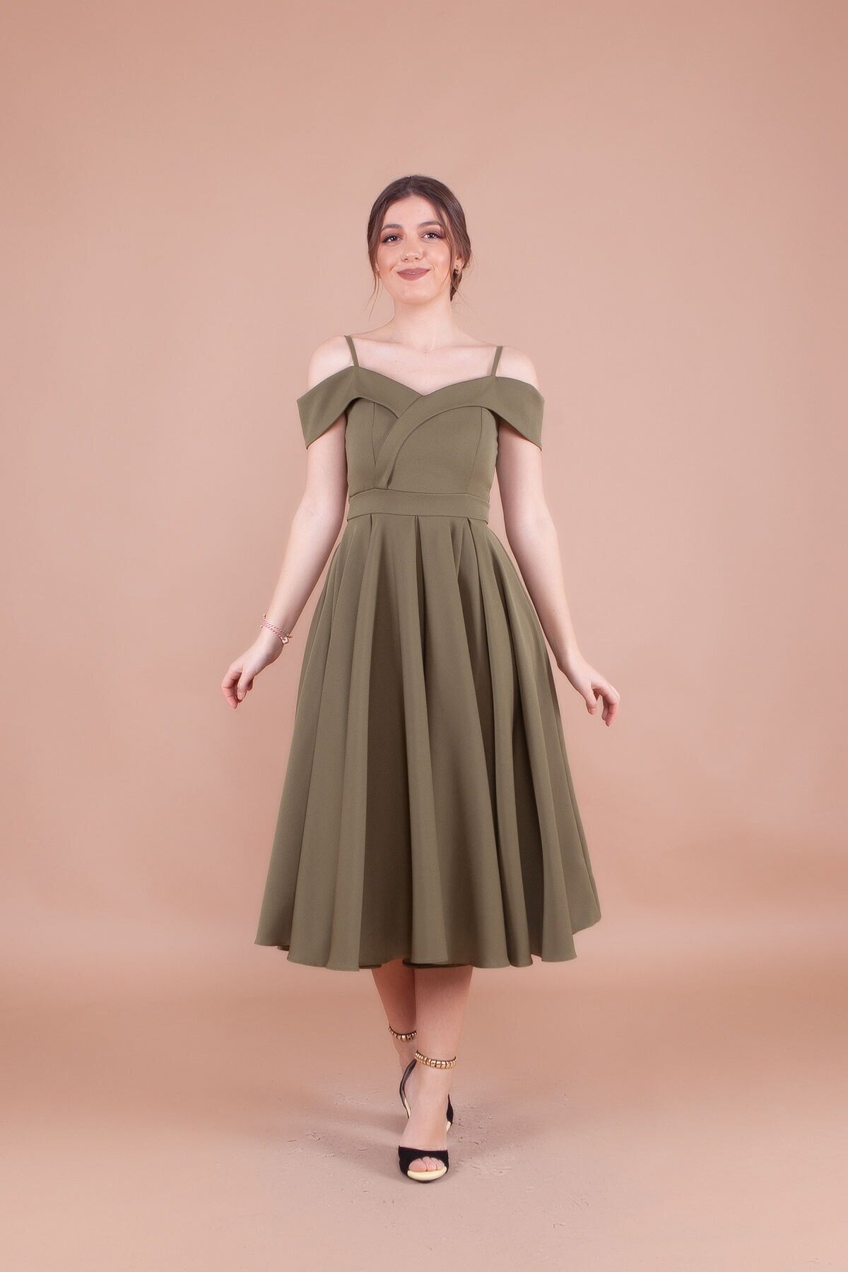 Midi Strappy Pleated Off-Shoulder Evening Dress - Khaki - Bidoluelbise