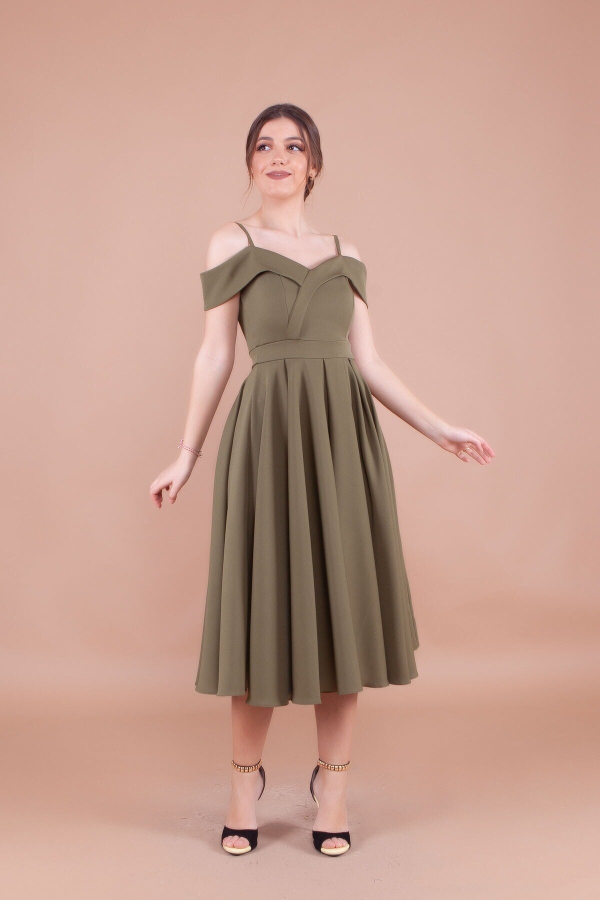 Midi Strappy Pleated Off-Shoulder Evening Dress - Khaki - Bidoluelbise
