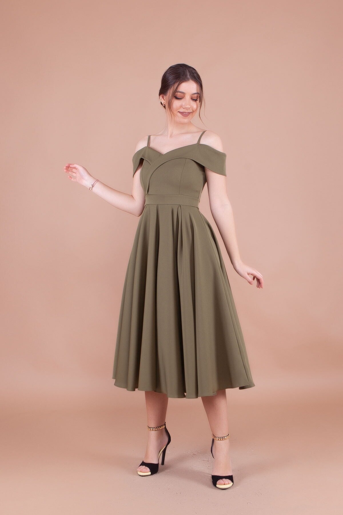 Midi Strappy Pleated Off-Shoulder Evening Dress - Khaki - Bidoluelbise