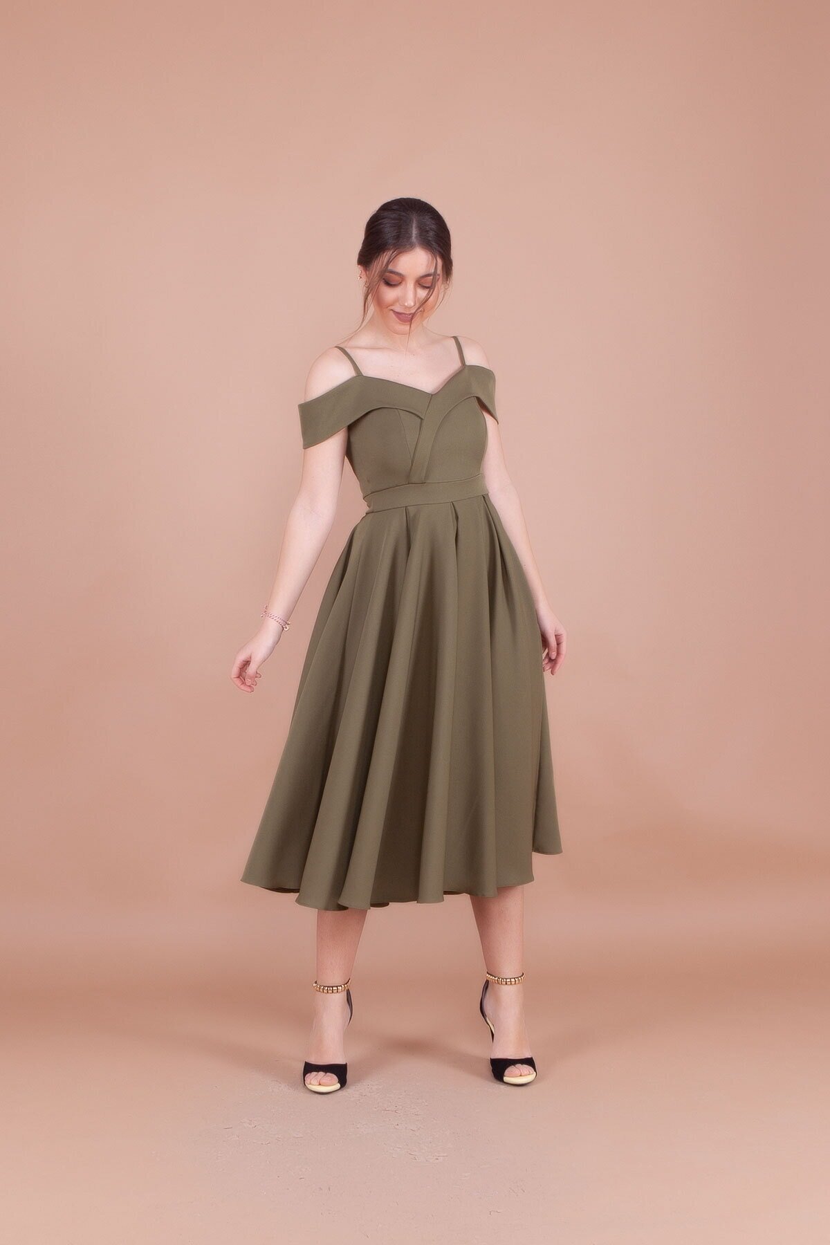 Midi Strappy Pleated Off-Shoulder Evening Dress - Khaki - Bidoluelbise