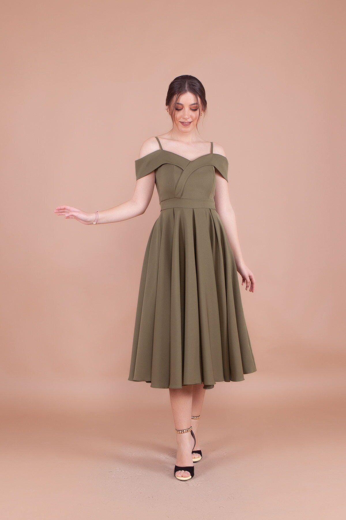 Midi Strappy Pleated Off-Shoulder Evening Dress - Khaki - Bidoluelbise