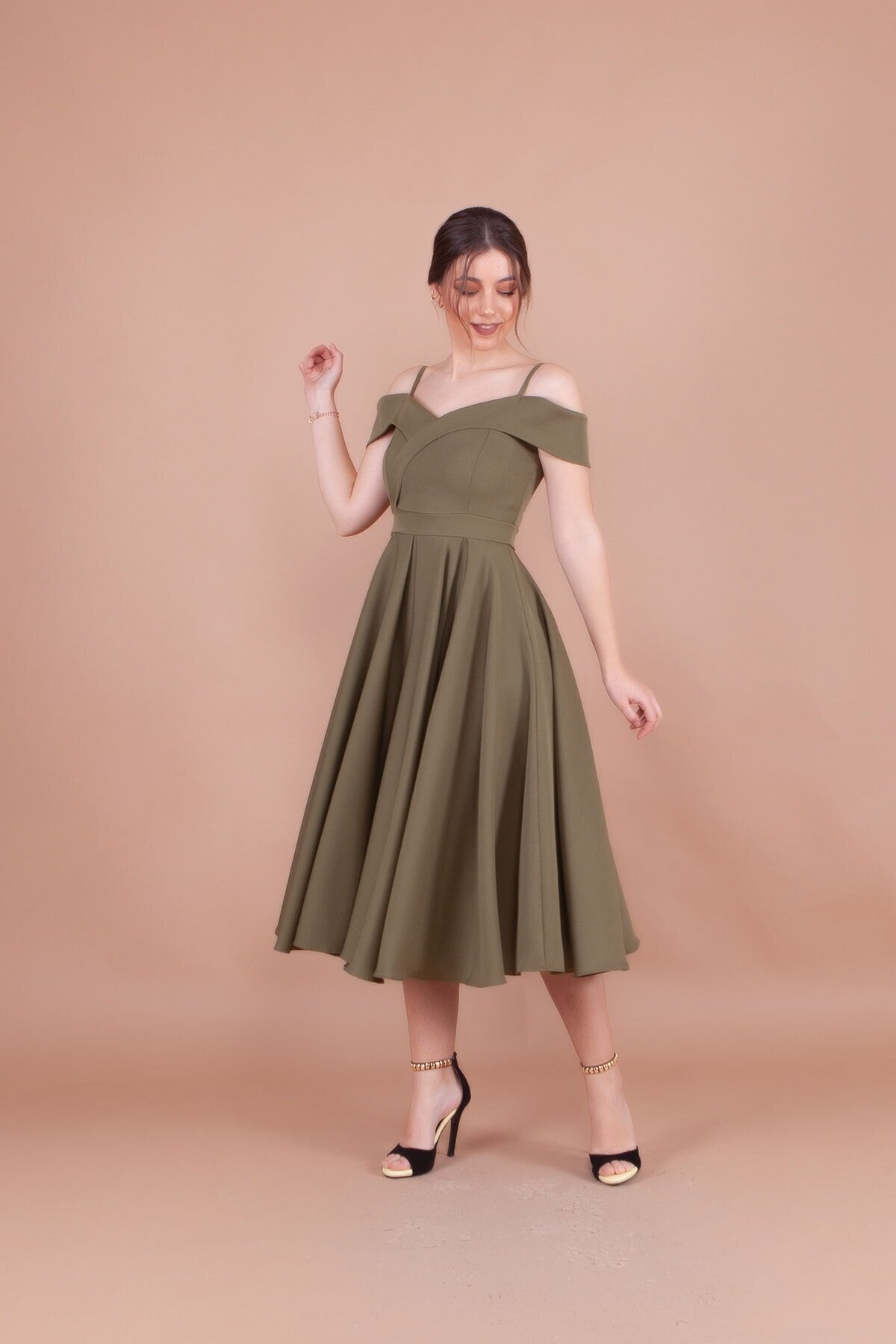 Midi Strappy Pleated Off-Shoulder Evening Dress - Khaki - Bidoluelbise