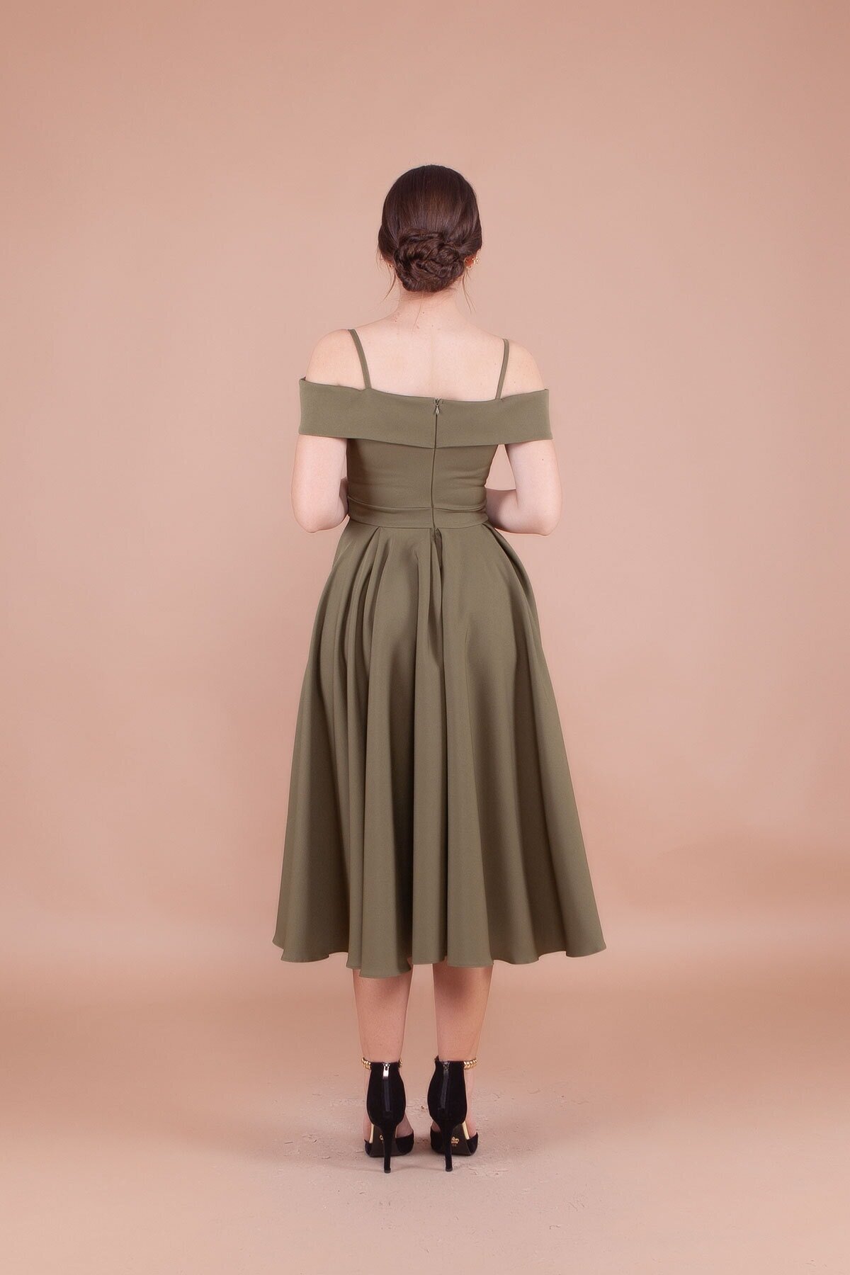 Midi Strappy Pleated Off-Shoulder Evening Dress - Khaki - Bidoluelbise