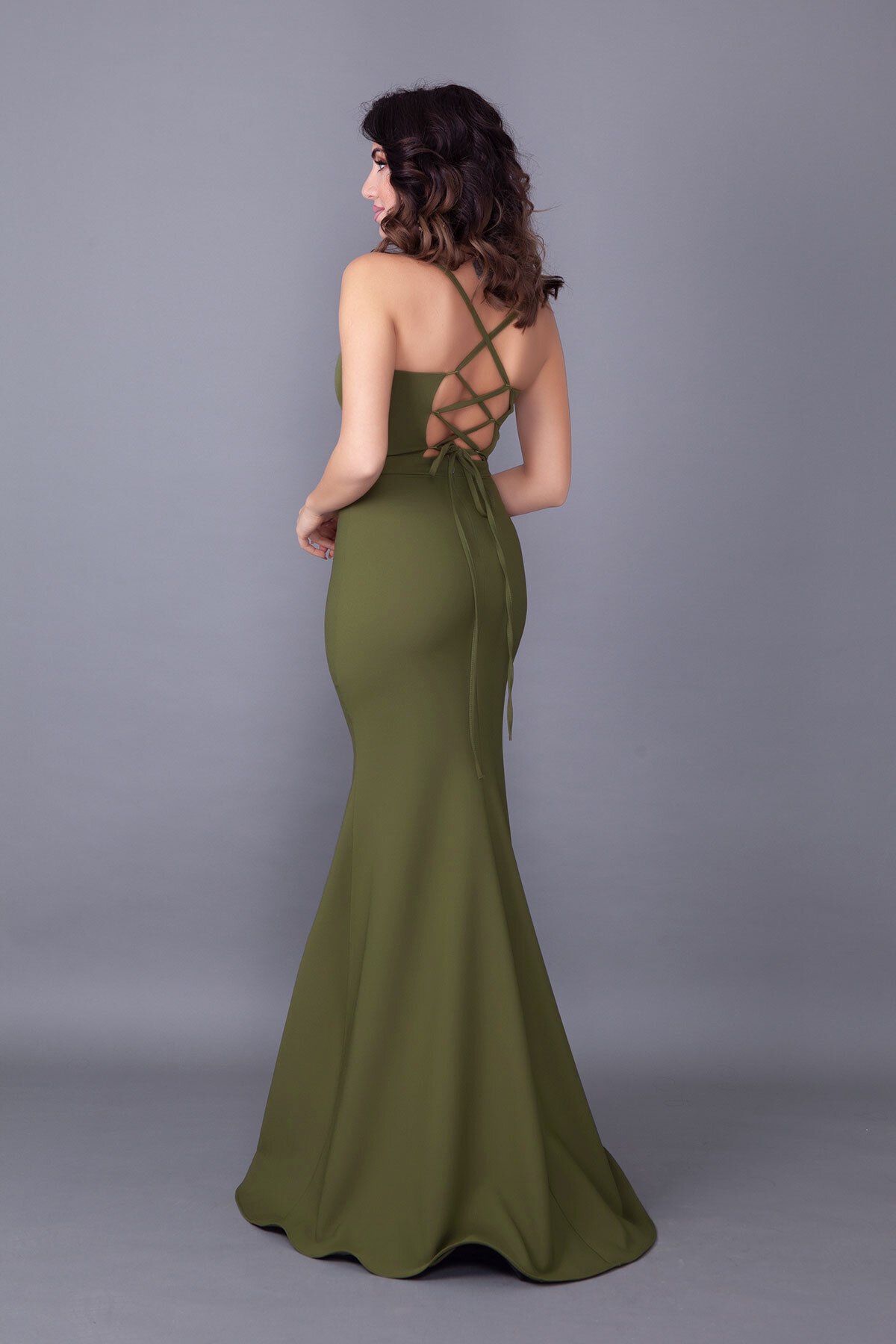 Long Mermaid Back Lace-Up Detail Evening Dress - Khaki - Bidoluelbise