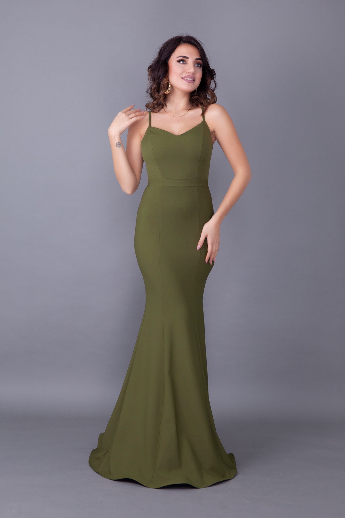 Long Mermaid Back Lace-Up Detail Evening Dress - Khaki - Bidoluelbise